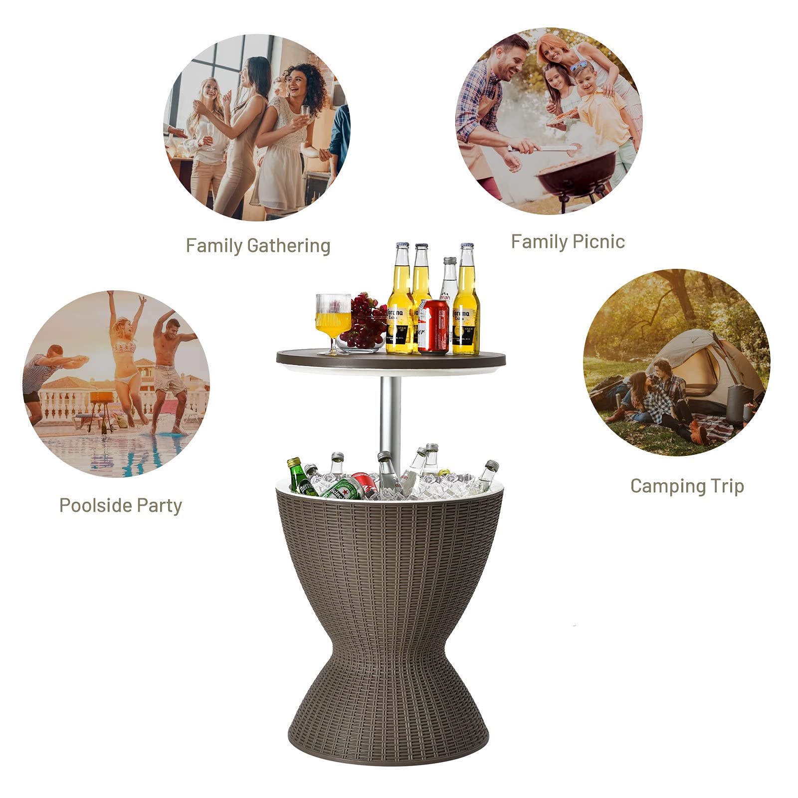 GOPLUS 3 en 1 Mesa Nevera para Jardín, 30L Cool Bar de Altura Ajustable, Mesa de Hielo con Tapón de Drenaje de Imitación de Ratán, Mesa de Cóctel de Patio para Fiesta Camping Exterior (Marrón)
