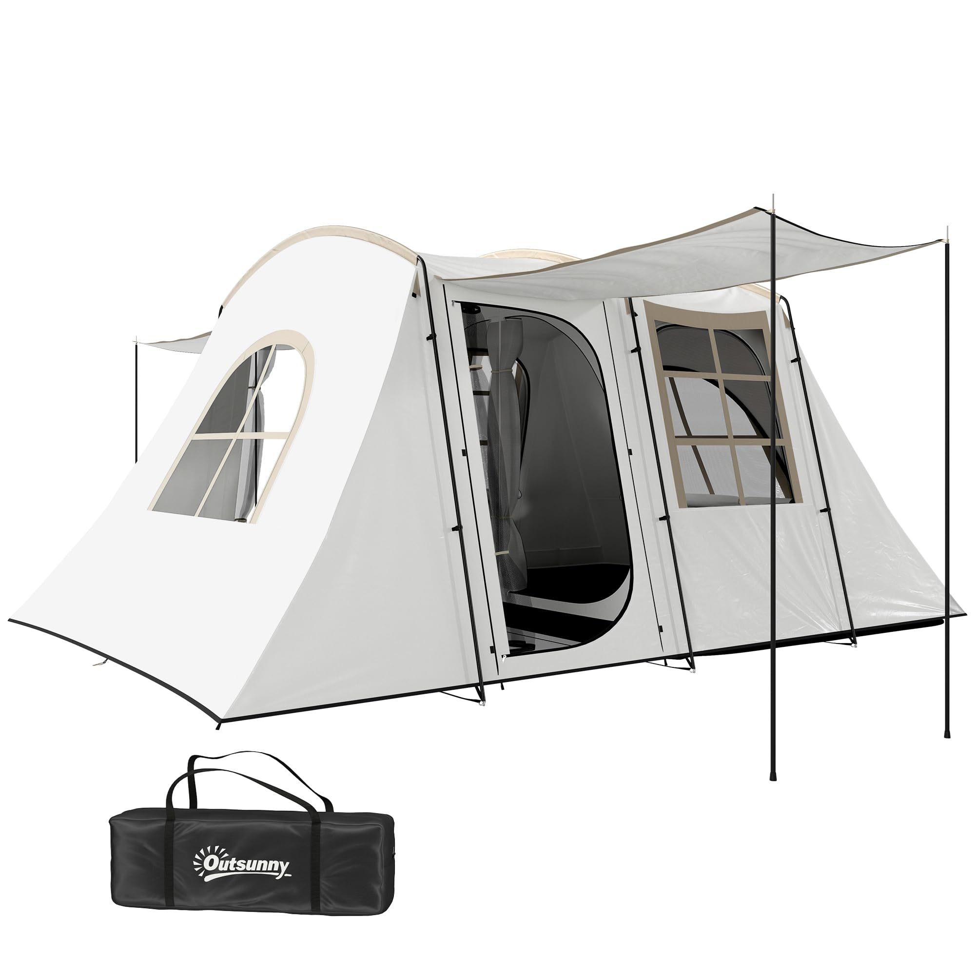 Outsunny 4 Man Tunnel Tent, Family Camping Tent with Porch, Bedroom and Living Area, Sewn in Groundsheet, 3000mm Waterproof, Portable with Bag for Festival, Hiking, Backpacking, Khaki