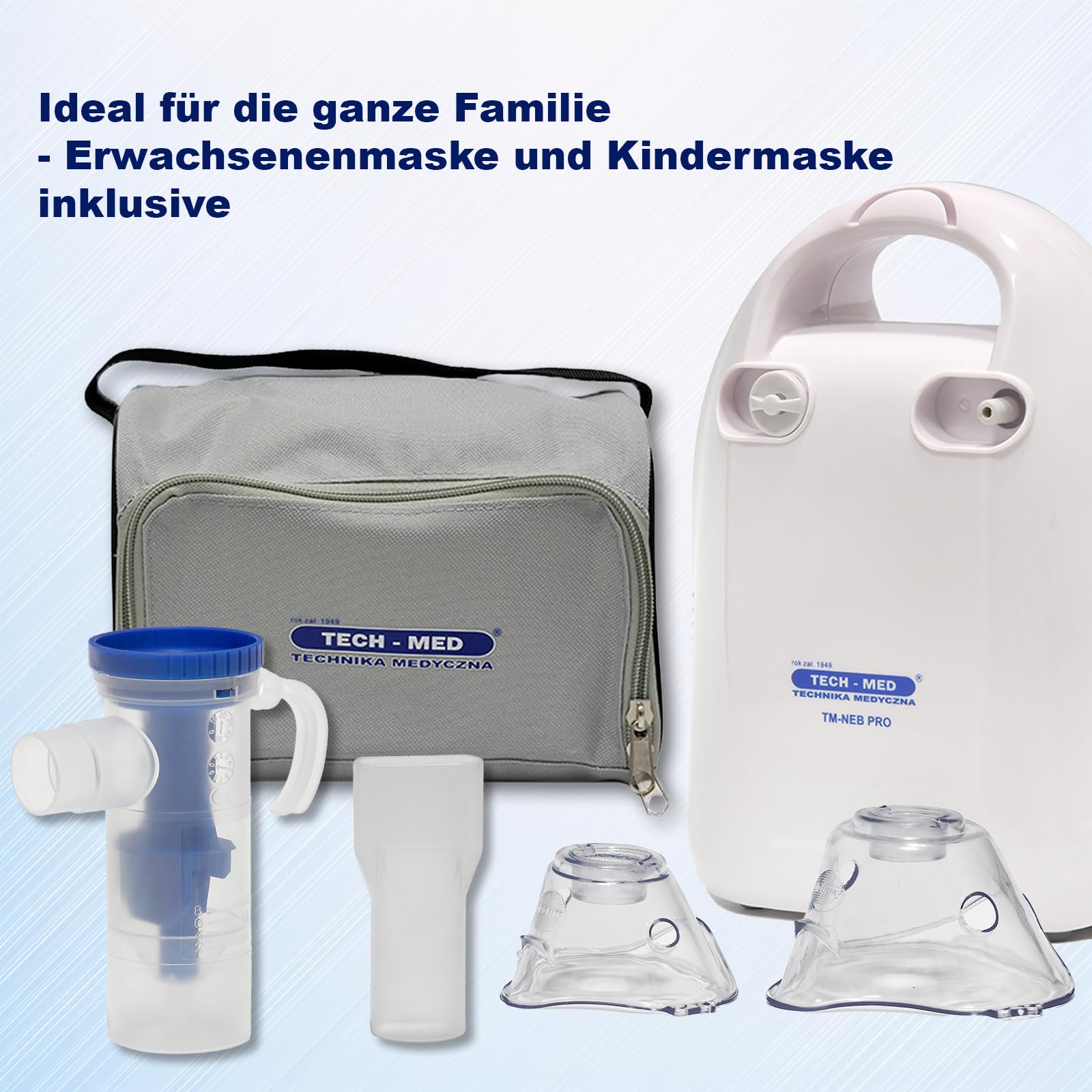 TECH-MED Medizinische Technik Kompressor Inhalator TM-NEB PRO Vernebler Medizinische Atemwegstherapie mit Masken-Set für Erwachsene und Kinder