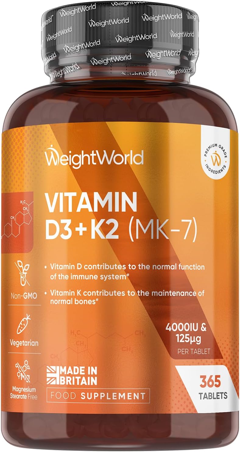 WeightWorld Vitamin D3 4000IU & K2 125μg (MK7) | 365 VIT D Tablets | 1 Year Supply | Easy to Swallow VIT D (6mm in Size) | 1 per Day | Cholecalciferol Form | Vitamin D3 K2 Supplements