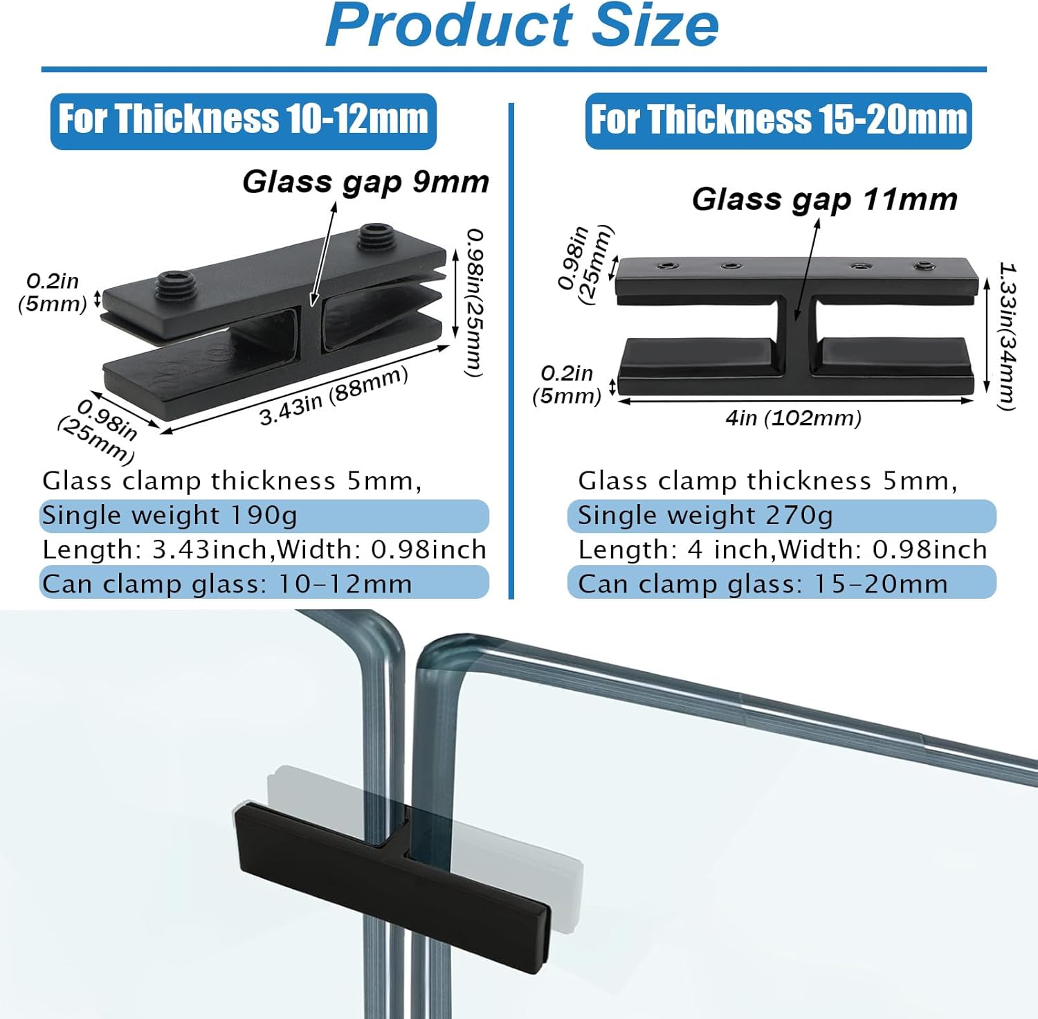 8 Pcs Marine Grade 304 Stainless Steel Glass to Glass Clamp, 180° No Drill Railing Bracket for Pool Fence & Coastal Outdoor, Heavy Duty Balustrade Stabilizer,Black,10to12mm