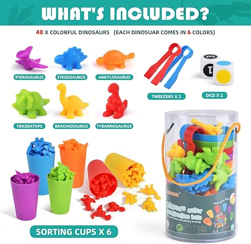 Miniatura 2 de Juguetes de dinosaurios mejorados para contar y clasificar, juego de dinosaurios a juego de clasificación de colores con tazas y dados apilables,