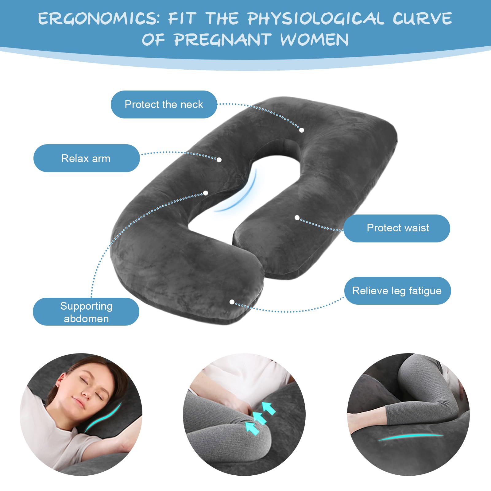 Coussin de Grossesse - Oreiller de Grossesse pour Femme Enceinte en Forme de J pour Dormir - Coussin d'allaitement et Coussin de Maternité avec Housse Lavable - Velours(Gris foncé)