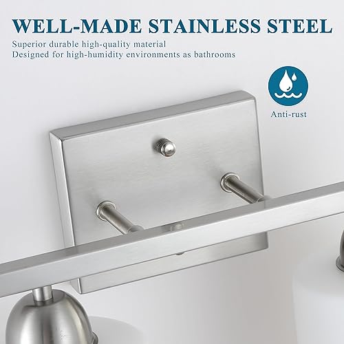 Miniatura 4 de Mecgirn Lámpara de tocador de baño de acero inoxidable sobre el espejo, 3 lámparas de baño de níquel cepillado con pantallas de vidrio transparente