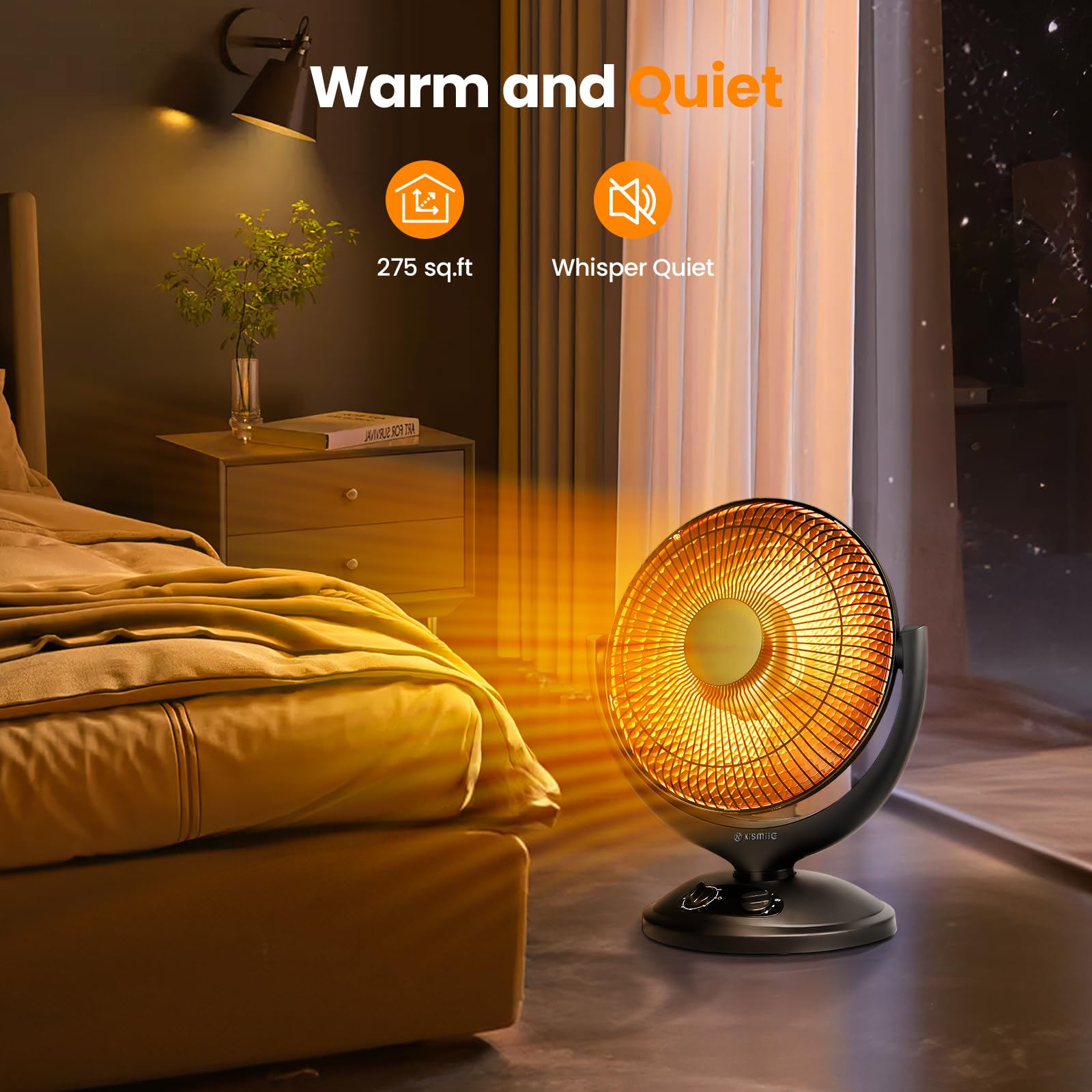 Kismile Oscillating Parabolic Space Heater with Thermostat and Timer, Radiant Dish Heater with Tip-Over and Overheating Protection For Indoor Use, 800w