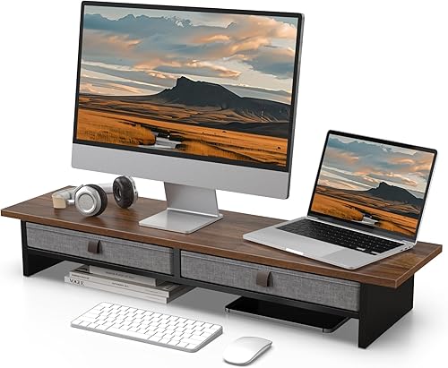 Fenge Soporte para monitor con cajón, elevador de monitor doble de 2 niveles para escritorio, soporte de computadora de 35 pulgadas para 2