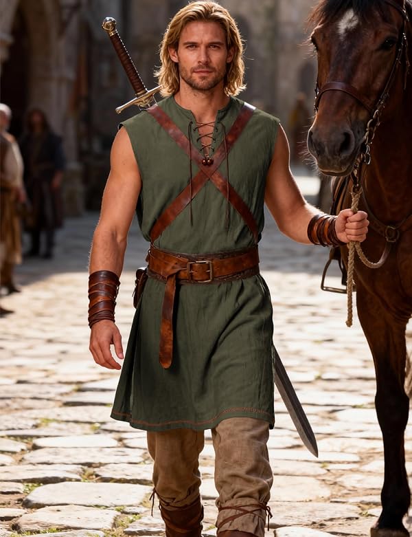 JEMITOP Men Renaissance Medieval Viking Tunic Costume Shirt Army Green XL by JEMITOP - Image 3