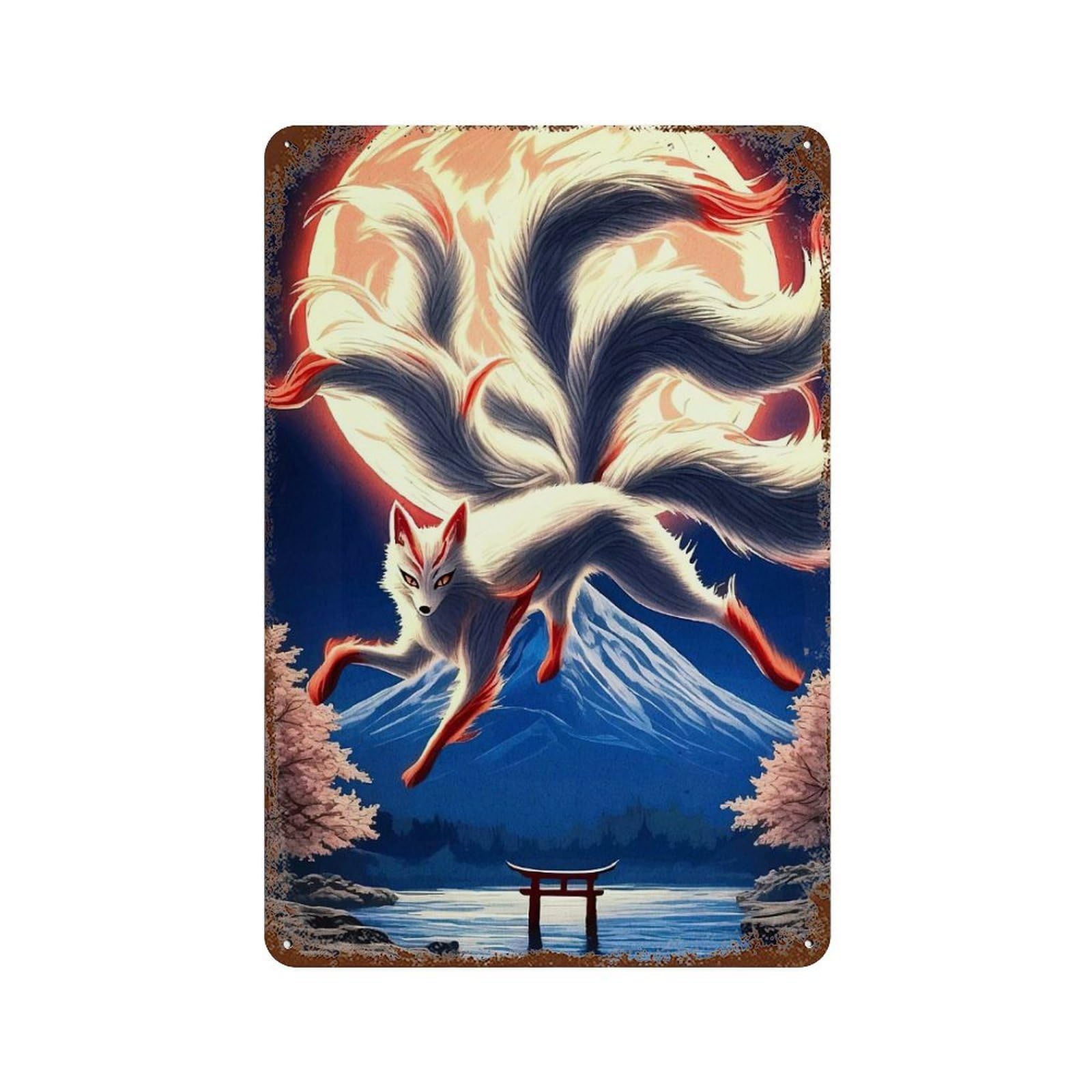 Garage Style Nine-tailed Fox Mount Fuji Distressed Metal Wall Sign 11.8"x7.9", Classic Wall Plaque for Bar And Workshop