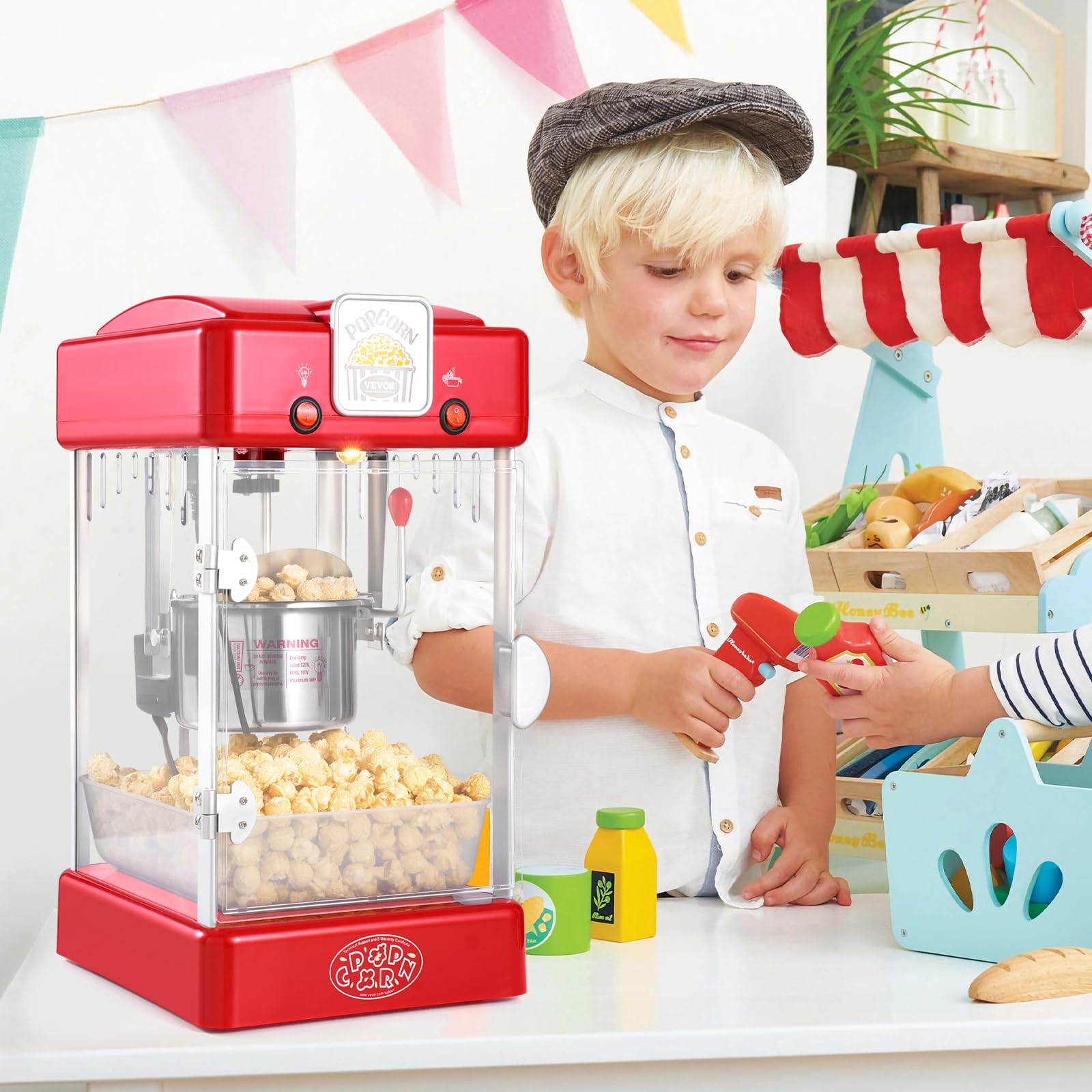 VEVOR Maszyna do popcornu, maszyna do popcornu 300 W, waga 3,25 kg, czajnik 0,07 kg, 3,78 kg na partię, stołowa maszyna do popcornu z drzwiami, w zestawie 2 łyżki tacy, styl teatralny, czerwony