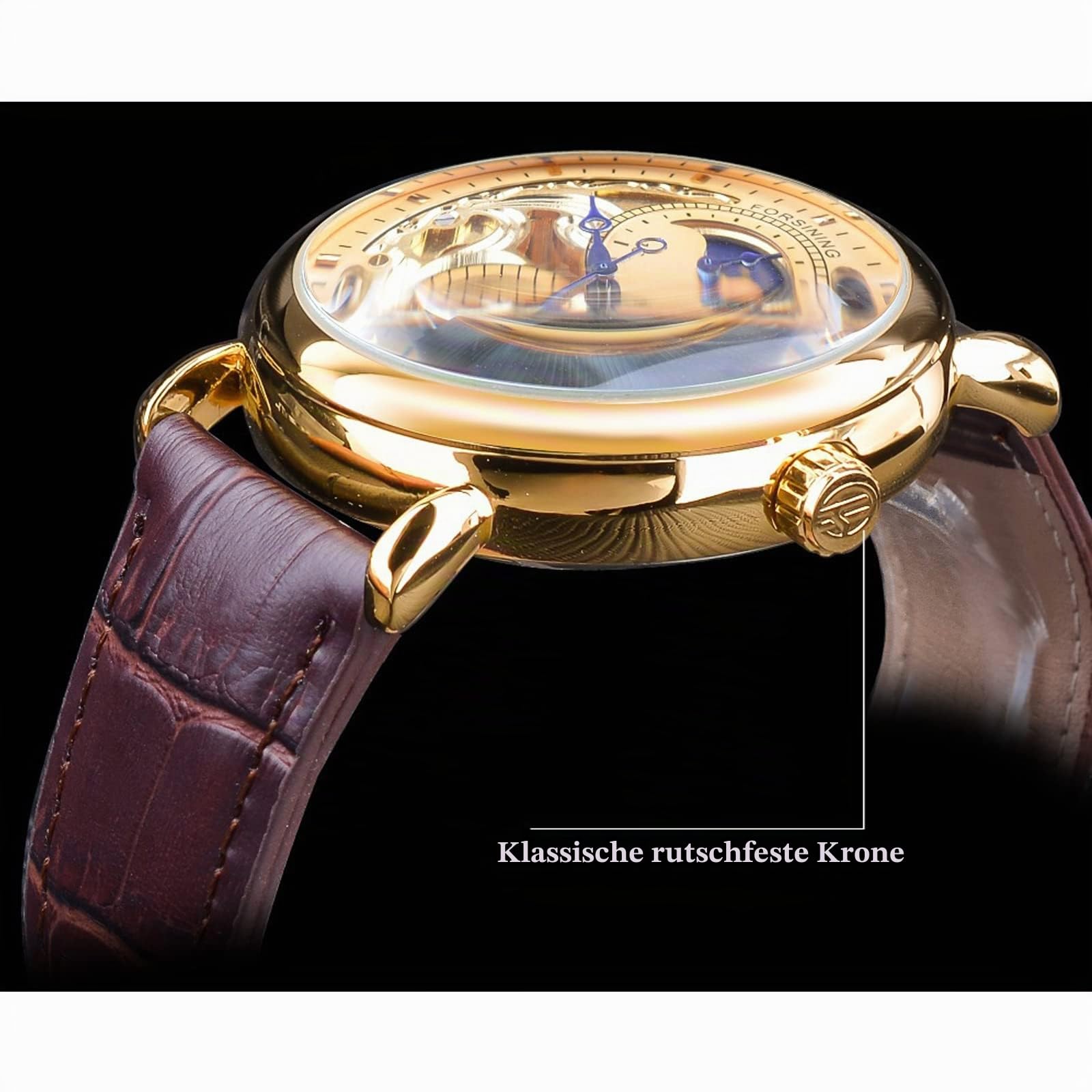 FORSINING Herren-Armbanduhr, automatisch, selbstaufziehend, mit schwarzem Silikonband, Retro-Skelett, Mondphase, großes Zifferblatt, mechanische Armbanduhr
