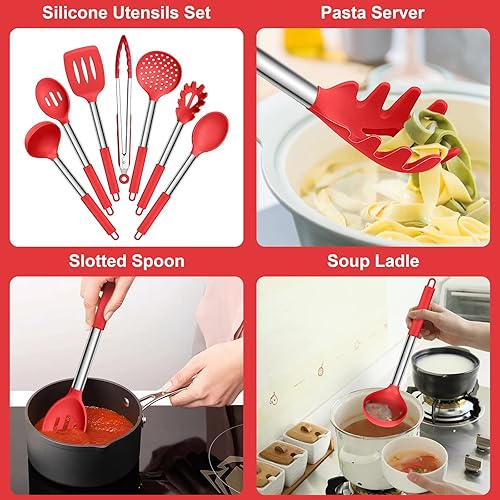 Miniatura 3 de E-far Juego de utensilios de cocina de silicona, 7 piezas de utensilios de cocina resistentes al calor con mango de acero inoxidable, espátula