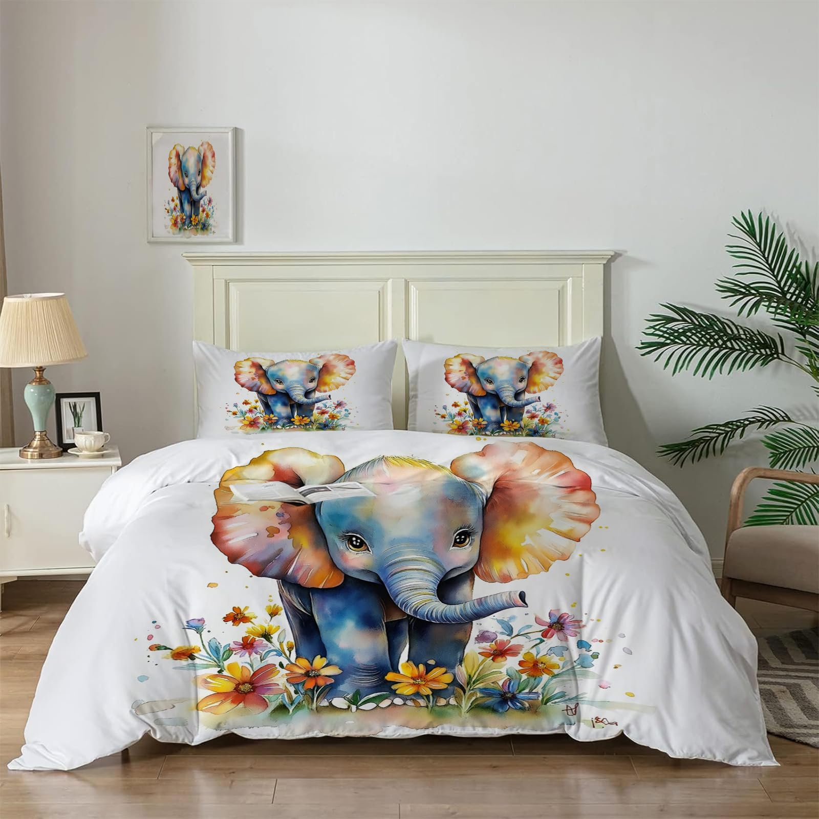 Housse de couette 220x240 éléphant anti-plis en microfibre douce avec zip invisible