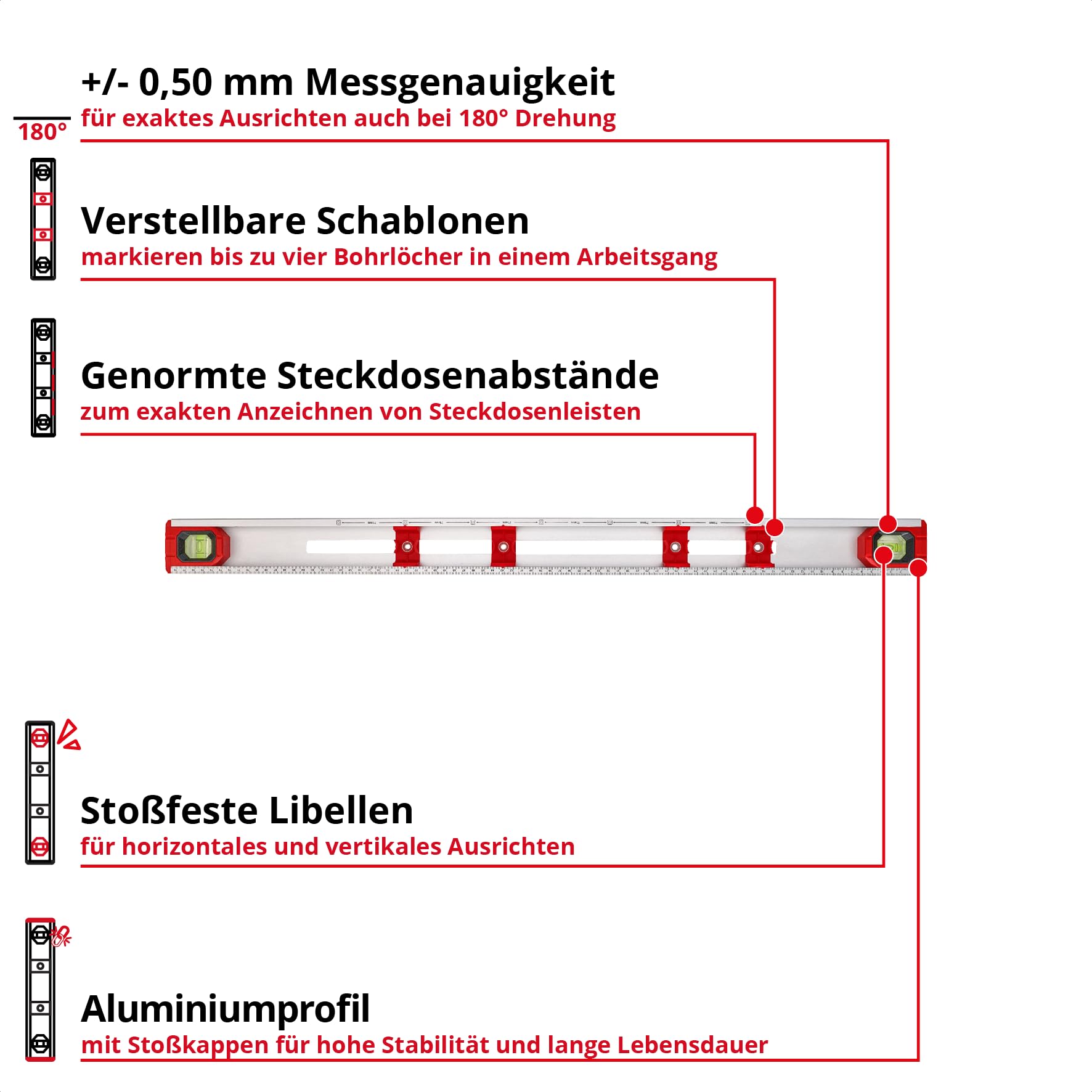Einhell Markierwasserwaage, 80 cm (präzises Ausrichten und Anzeichnen, 4 verstellbare Schablonen, 2 Libellen, mm-Skala, Steckdosenabstände, robustes Aluminiumprofil)