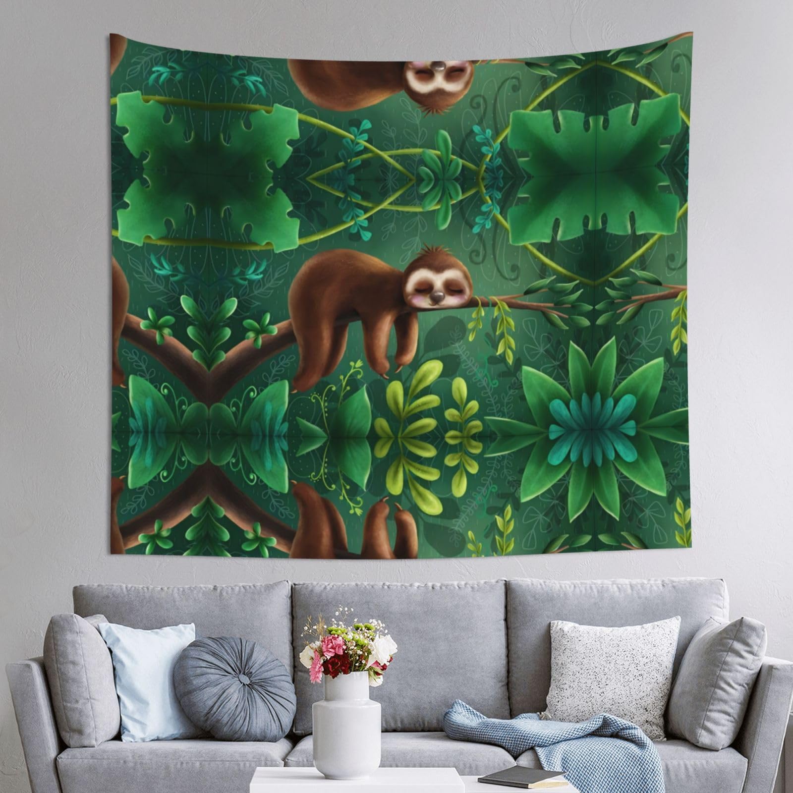 HLSBSSL 60x51in Cute Funny Sloth Relaxing on The Jungle Tree Printed Tapestry Tablecloth for Dormitory and Picnic Rooms - Multifunctional Fabric Hanging