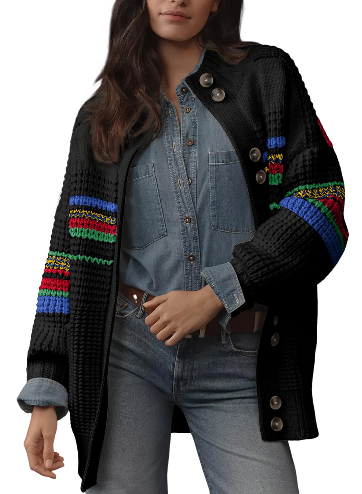 Dokotoo Womens Cardigan Sweaters Long Sleeve Casual Striped Color Block Cable Knit Fall Outfits with Pockets