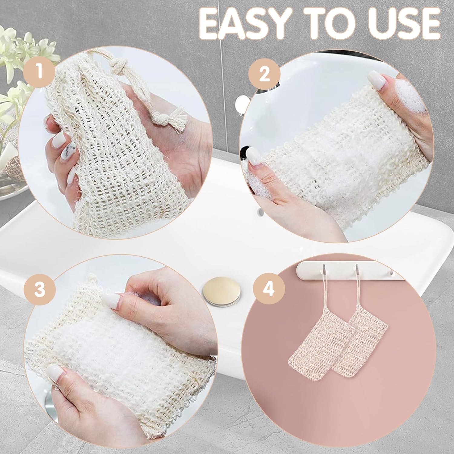 50 Pack Sisal Soap Saver Bag with Drawstring, Natural Cotton-Linen Exfoliating Net Pouch for Foaming and Drying, Travel Bar Soaps Mesh Bags Soap Savers for Bath and Shower Use - Image 5