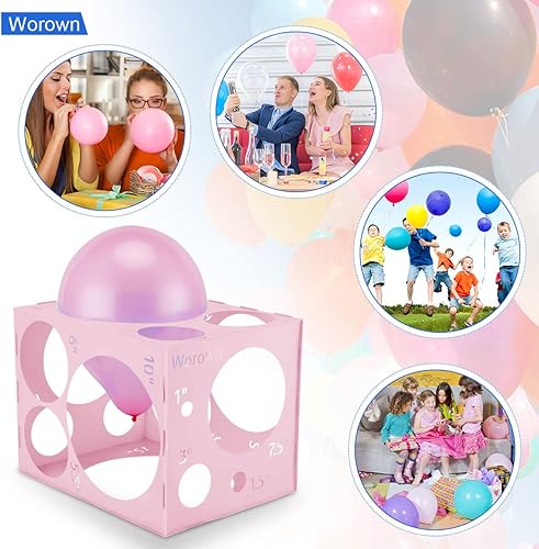 Miniatura 5 de Worown Caja de tamaño grande de 18 agujeros de plástico rosa plegable, cubo de tamaño de globos de 1 a 12 pulgadas, herramientas de medición de