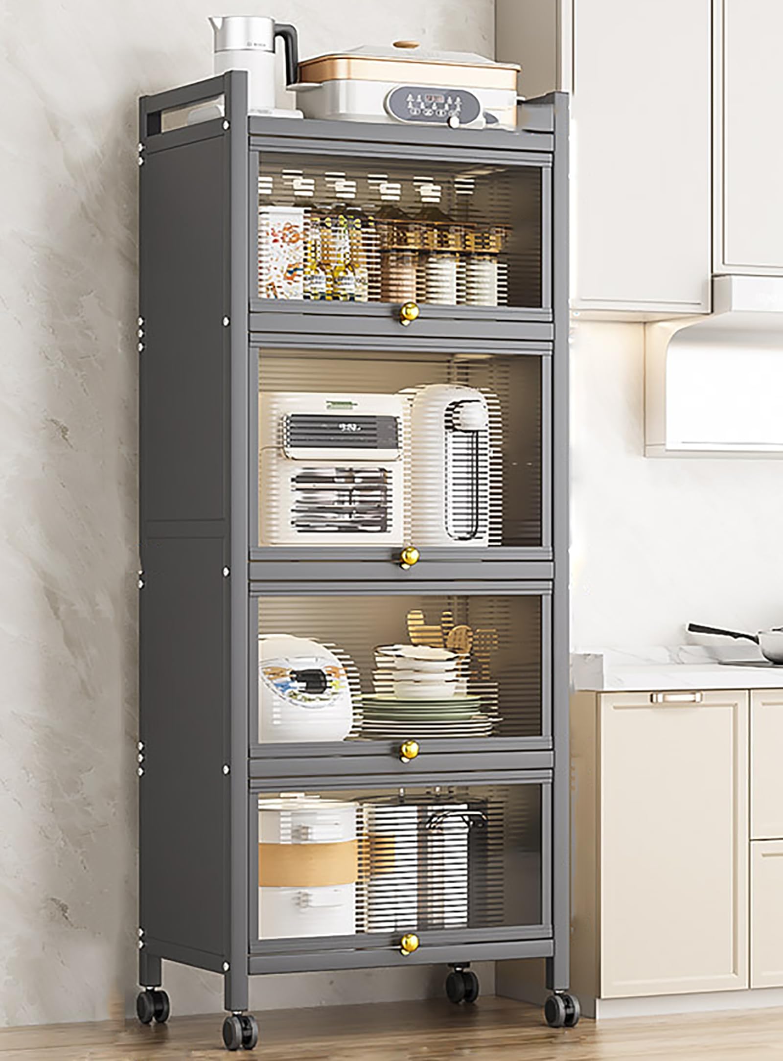 Scaffale da cucina a 5 ripiani, con ruote bloccabili, in metallo, per posate, pentole e ciotole, salvaspazio, con ante