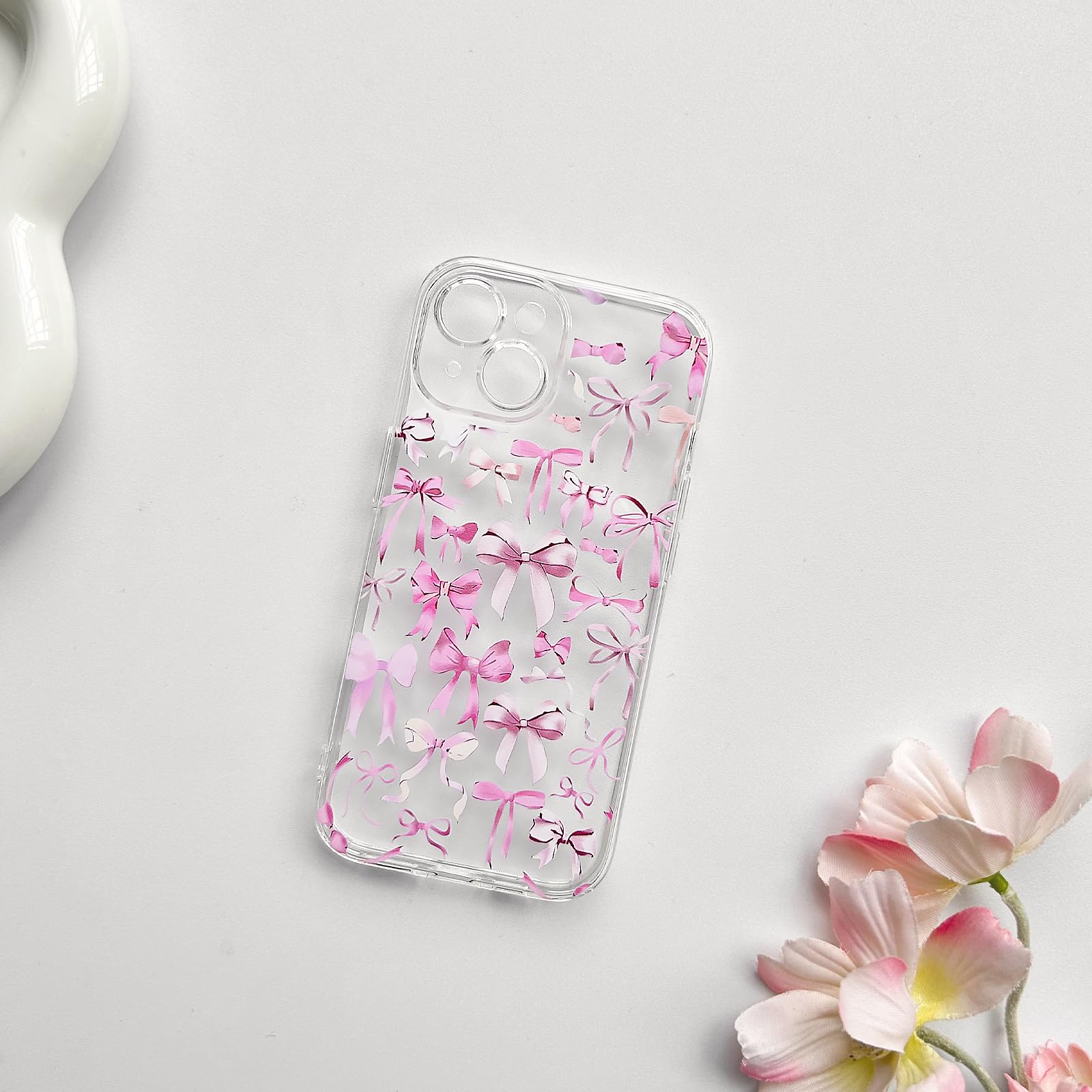 NITITOP Handyhülle Für IPhone 13/14 – Durchsichtig Mit Schleifen-Herz-Muster, TPU, Rosa, Mit 4-Ecken-Schutz