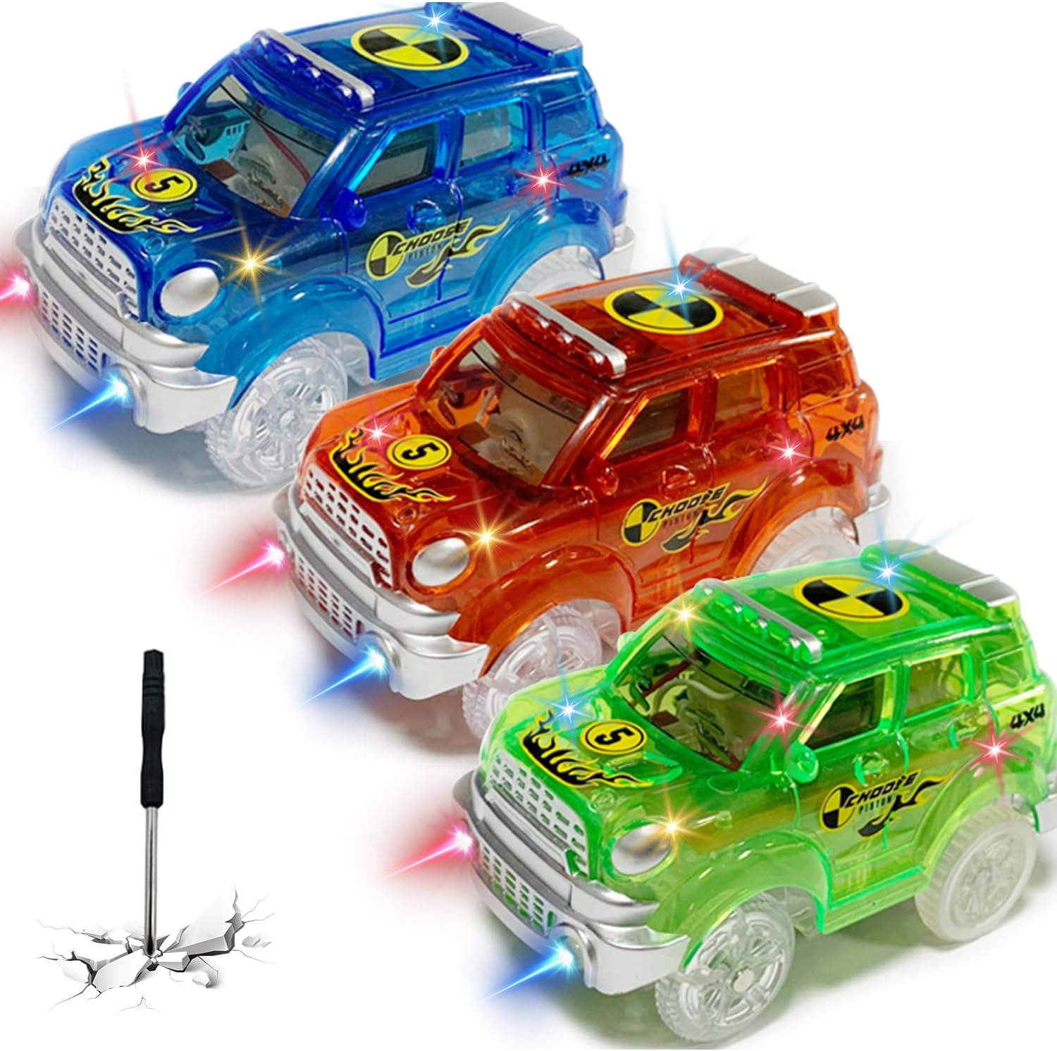 Tracks Cars Only Replacement, Flex Track Race Cars for Tracks Glow in The Dark, Lights Up Glow Trax Trucks with 5 LED Flashing Light Compatible with Most Tracks for Kids(Red/Blue/Green)