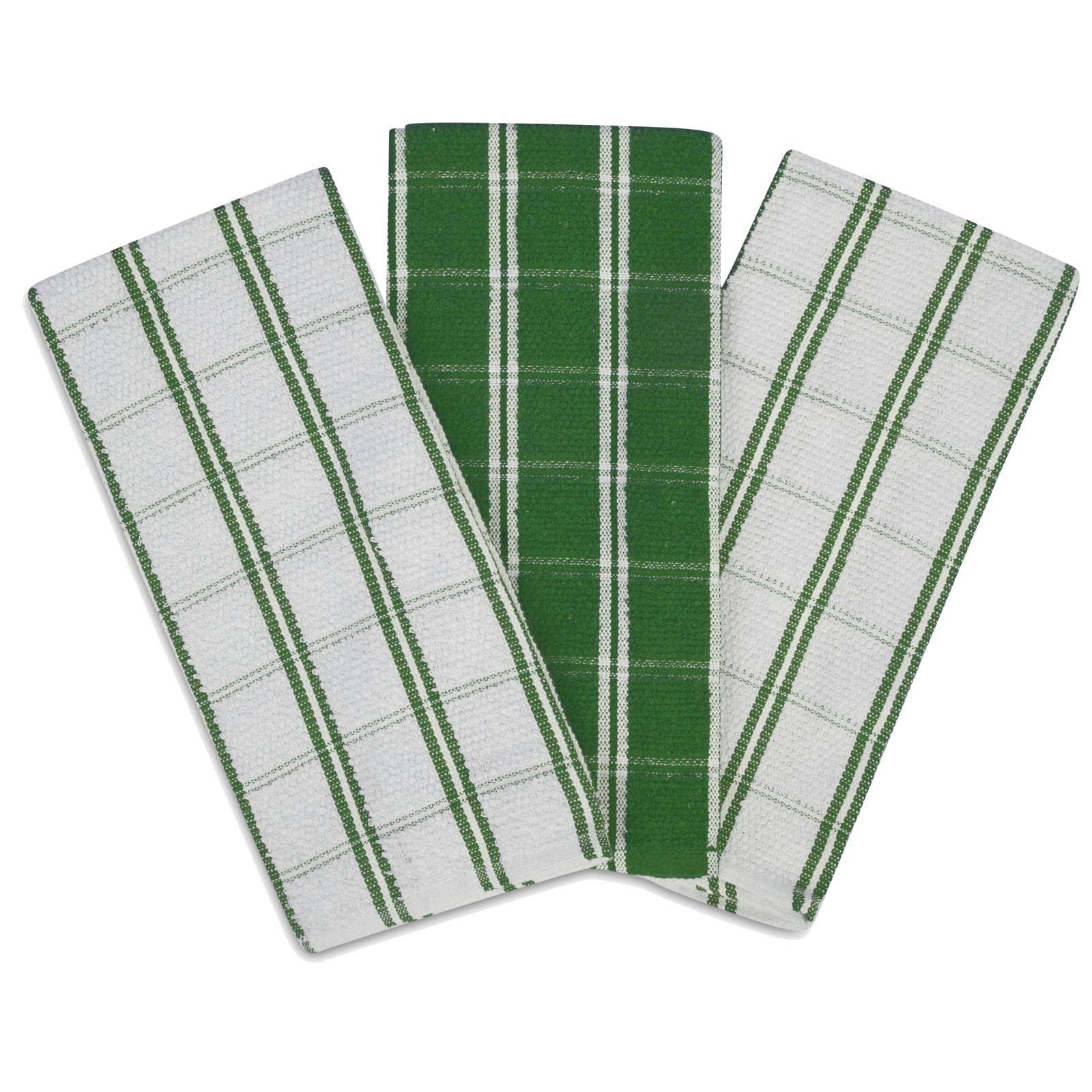 Adore Home 6 or 12 Pack Big Check Tea Towel Terry Cotton Absorbent, Green, 12 Pack