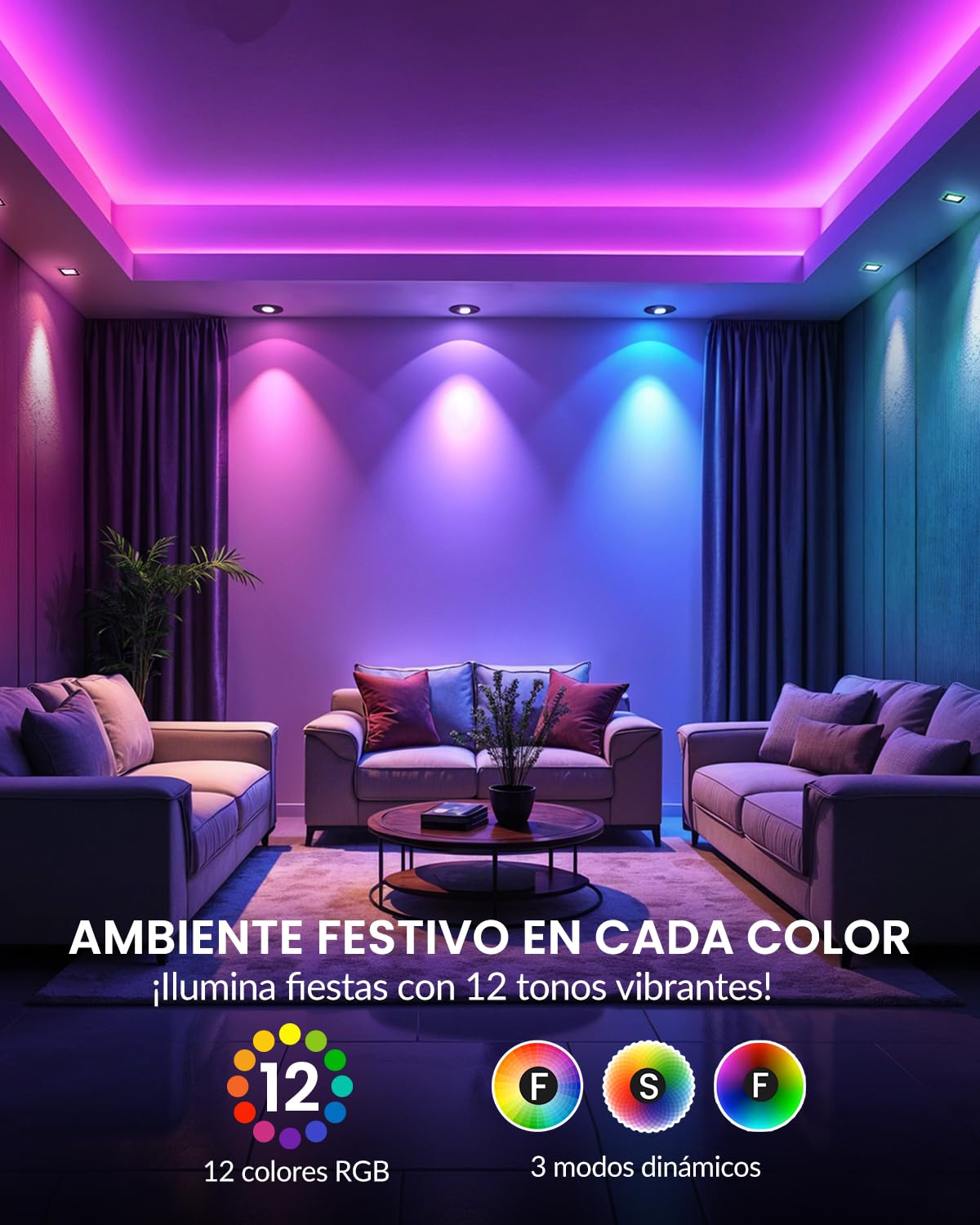 3W MR16 GU5. 3 Bombilla LED RGB Regulable, Bombillas LED MR16 RGBW de 12V Iluminación Ambiental con Control Remoto, 12 Color + Blanco Cálido + Blanco Frío paquete de 2