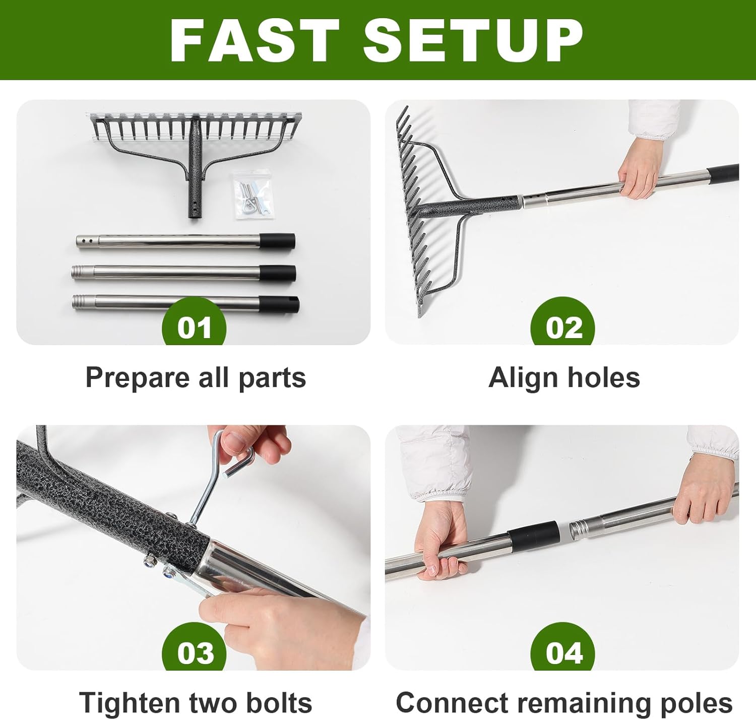 Bow Rake, 79" Heavy Duty Garden Rake with Wide 17 Tines Head & Stainless Steel Handle, Adjustable Rakes for Lawns Yard Loosening Soil Thatching Gathering Leaves Gravel
