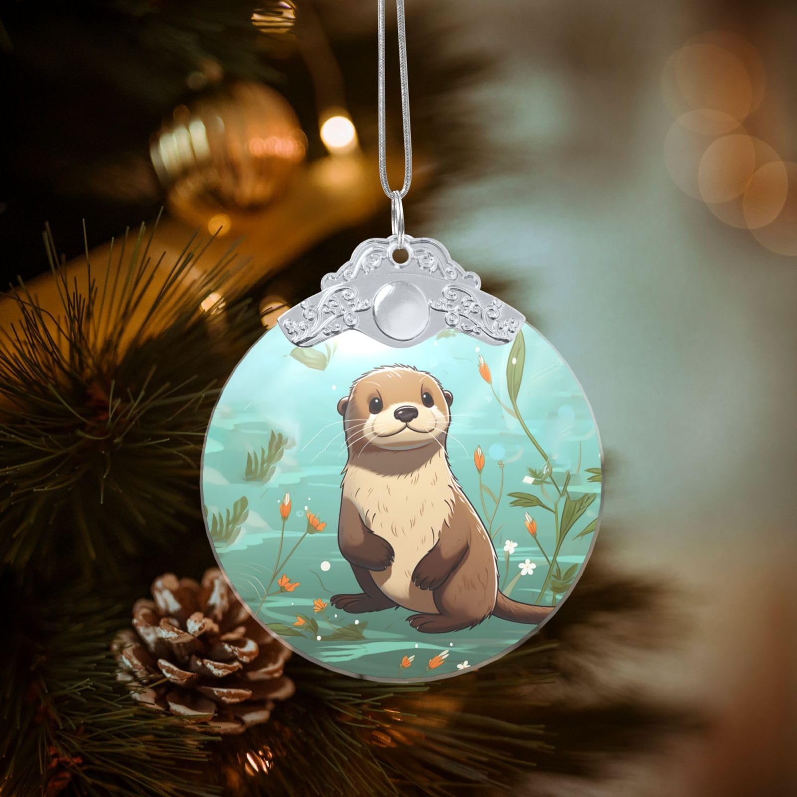 Crystal Christmas Ornaments for Christmas Tree Decoration Hanging Cartoon Cute Otter Ornament with Gold Ribbon Crafts Round Pendant for Keepsake Gifts Glass Xmas Decor Party Supplies