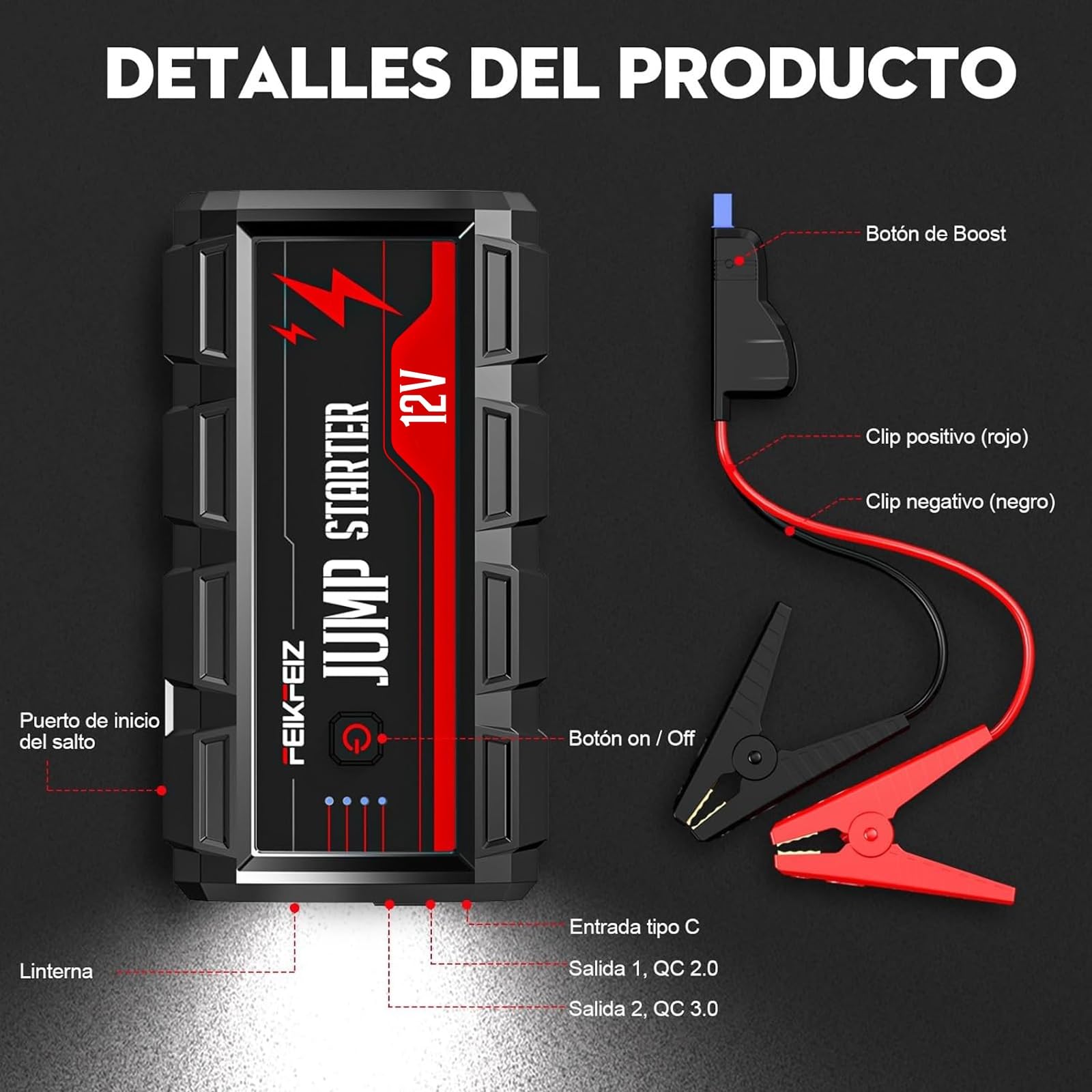 FEIKFEIZ Arrancador de Coches, 6000A Arrancador Batería Coche (para Todo vehículo de Gasolina o 10,0L Diesel),Booster Bateria, Carga Rápida QC3.0,con Linterna LED.