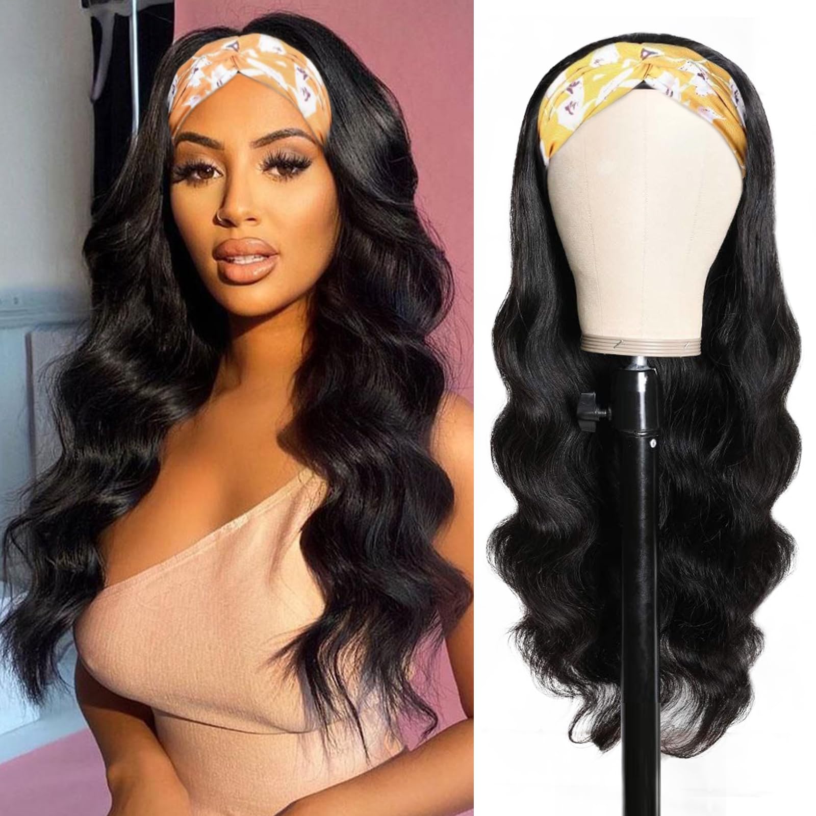 Headband Wig Human Hair Body Wave Wigs for Black Women 180% Density Wear and Go Glueless Wig None Lace Front Wig Brazilian Virgin Hair Natural Balck