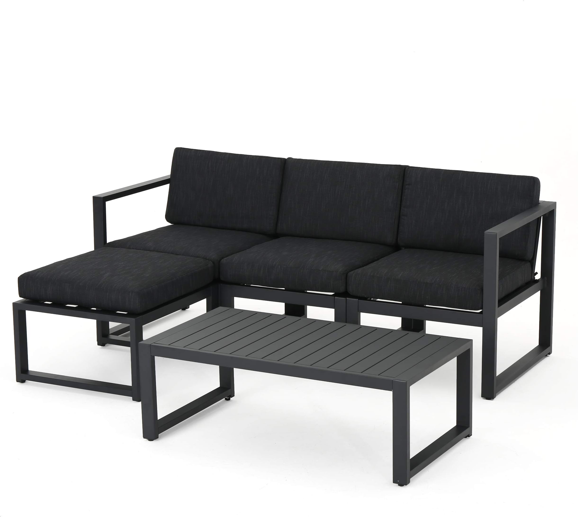 Christopher Knight Home Navan Outdoor Aluminum Sofa Set with Water Resistant Cushions, 5-Pcs Set, Dark Grey / Black