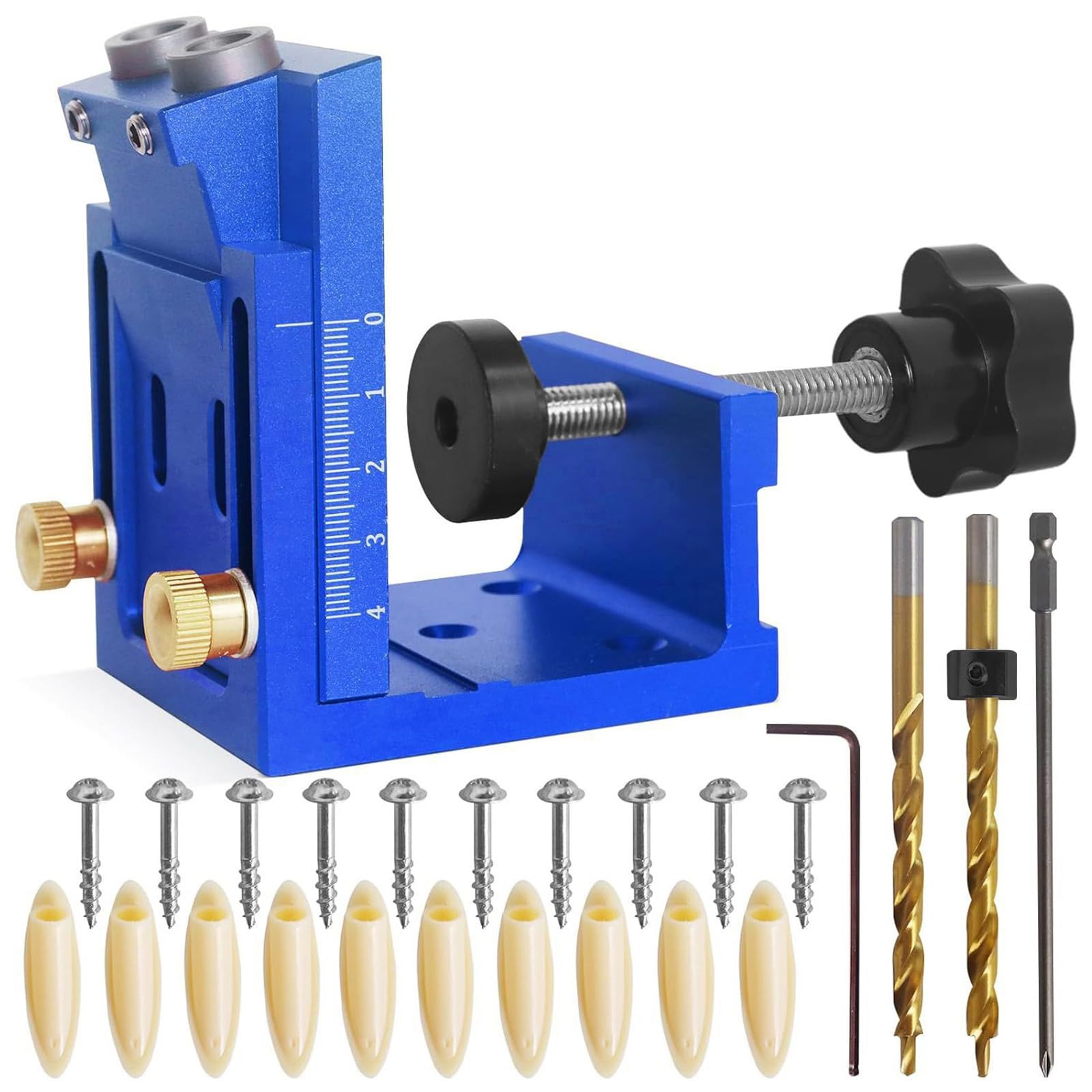 Pocket Hole Jig Kit 15 Degree Drilling Locator,Aluminum Alloy Pocket Dowel Hole Jig with Adjustable Drill Guides,Woodworking Angle Joint Locator Tool for Screw Joinery,Includes Drill Bits & Plugs