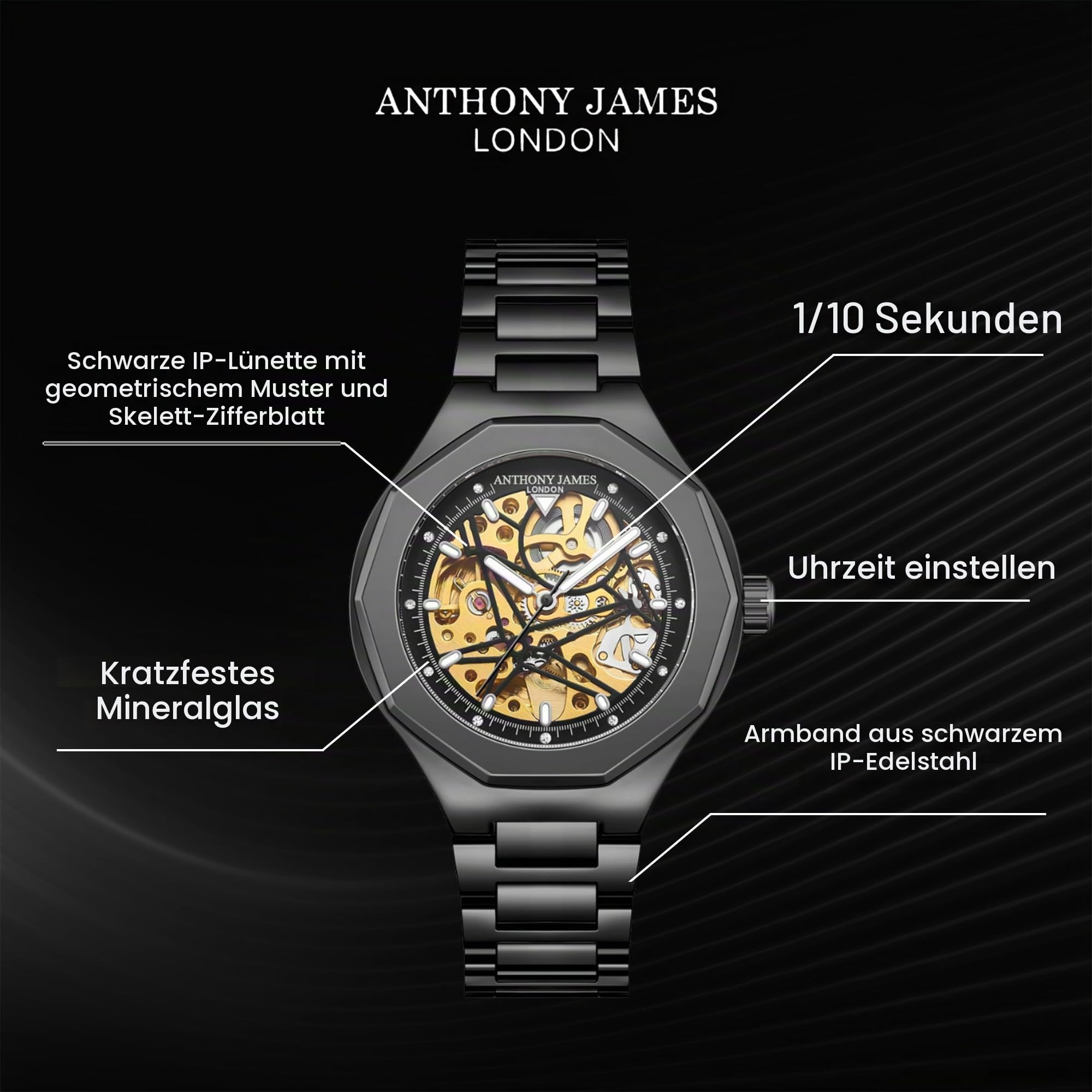 Anthony James Limited Edition Skelet automatisch stalen en Witte herenhorloge - Met de Hand geassembleerd