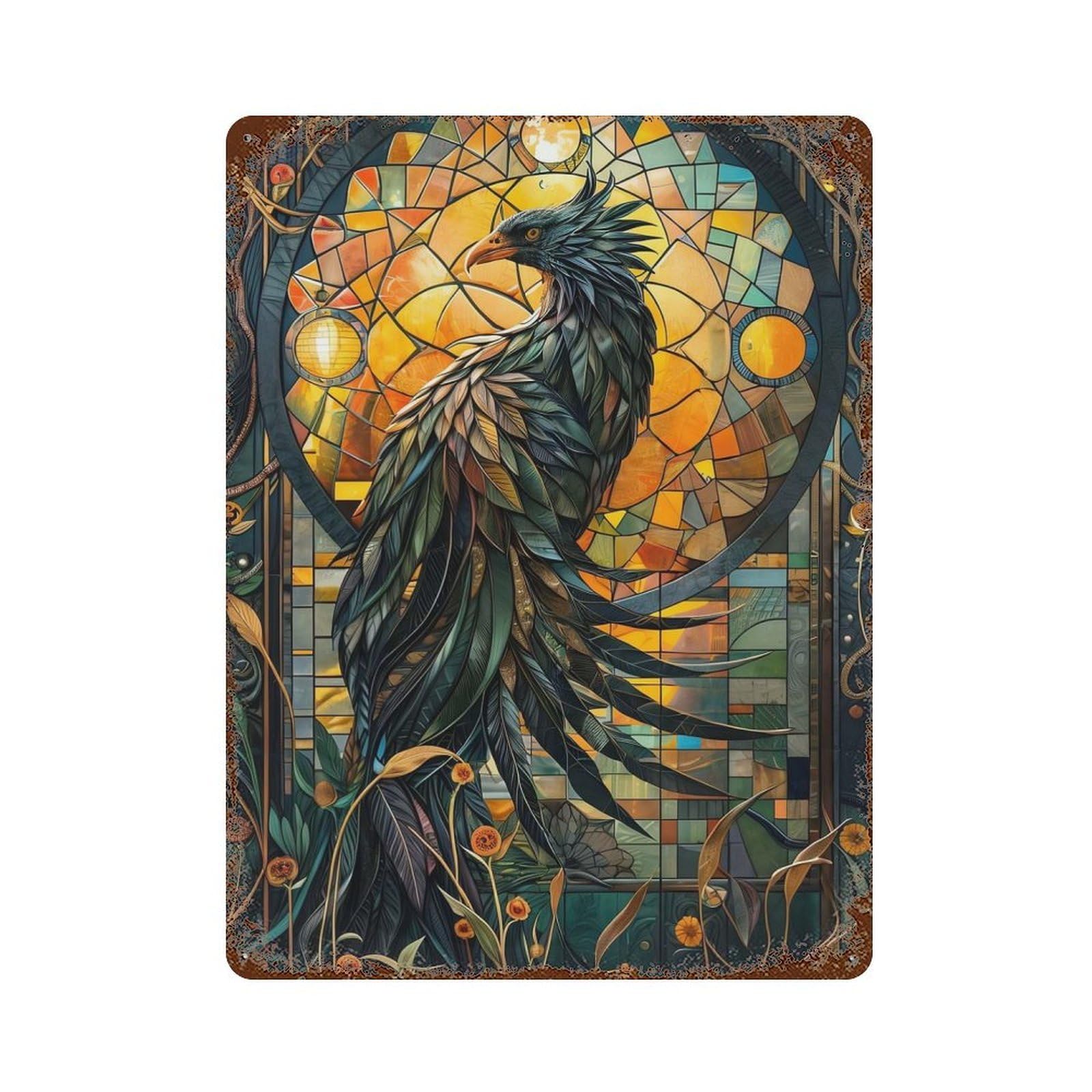 Garage Style Stained Glass Phoenix Vintage Rust Metal Sign 15.7"x11.8", Industrial Home Decor for Bar And Workshop