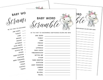 Set Of 50 Baby Shower Word Scramble Game Cards Baby Elephant Girl Jungle Animals Party Supplies Fun Baby Shower Game Favors