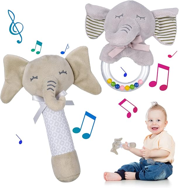QINREN Baby Soft Rattle Sensory Toys, 2 Pack Stuffed Animal Hand Rattles Newborn Shaker Toy, Black and White Sensory Toys Educational Plush Toy for 0- 12 Months Boys Girls( Grey)