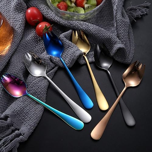 Miniatura 5 de Tenedores de ensalada 2 en 1 de acero inoxidable de 6.5 pulgadas, cucharas de postre de mango largo, cucharas de cena, aperitivos de frutas,