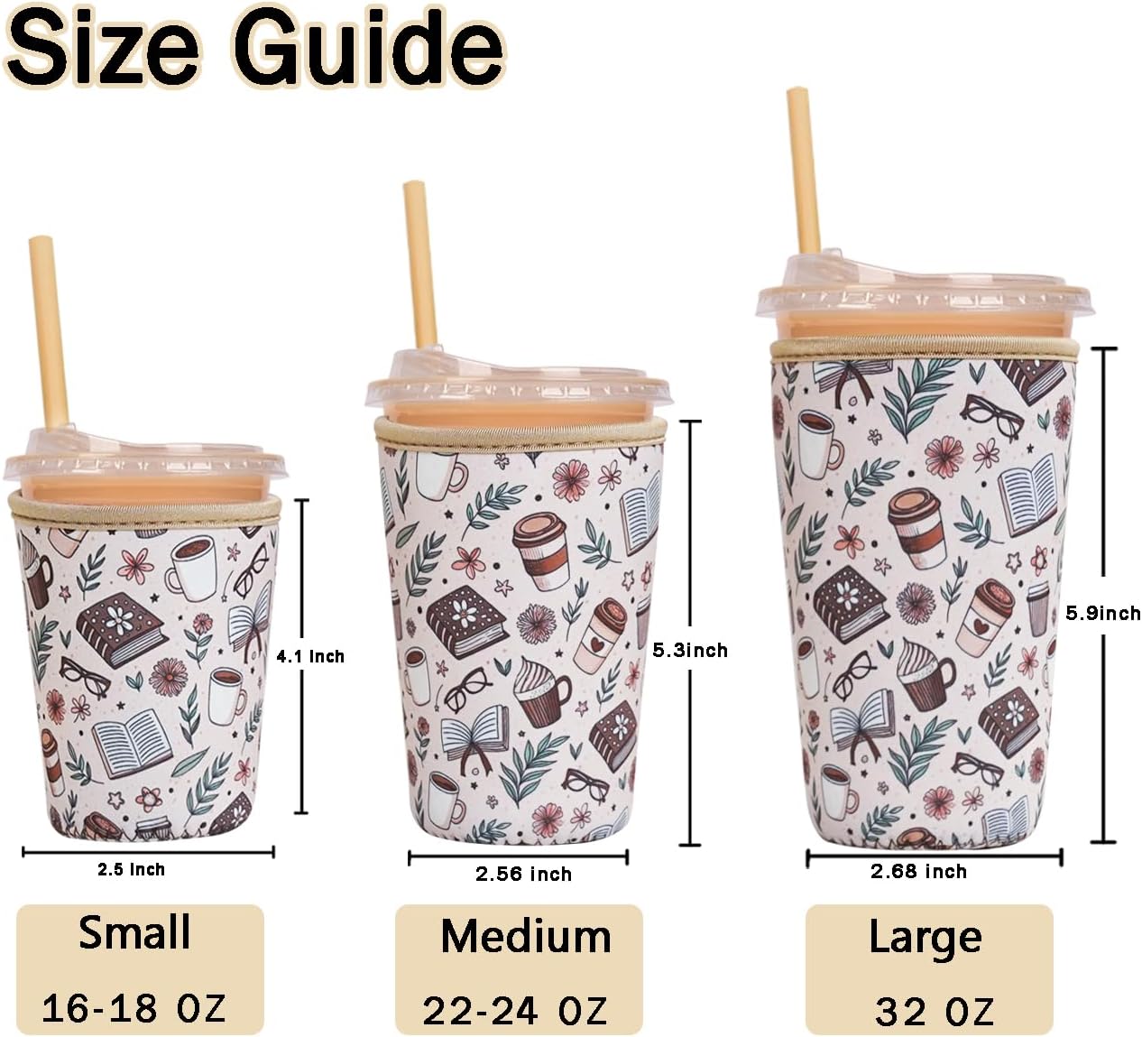 Reusable Insulated Sleeve for Iced Coffee Cup, 3-Pack Coffee Neoprene Drink Sleeve for Cold & Hot Drinks, Beverage Holder for Iced Coffee (Cafe Books) image 5