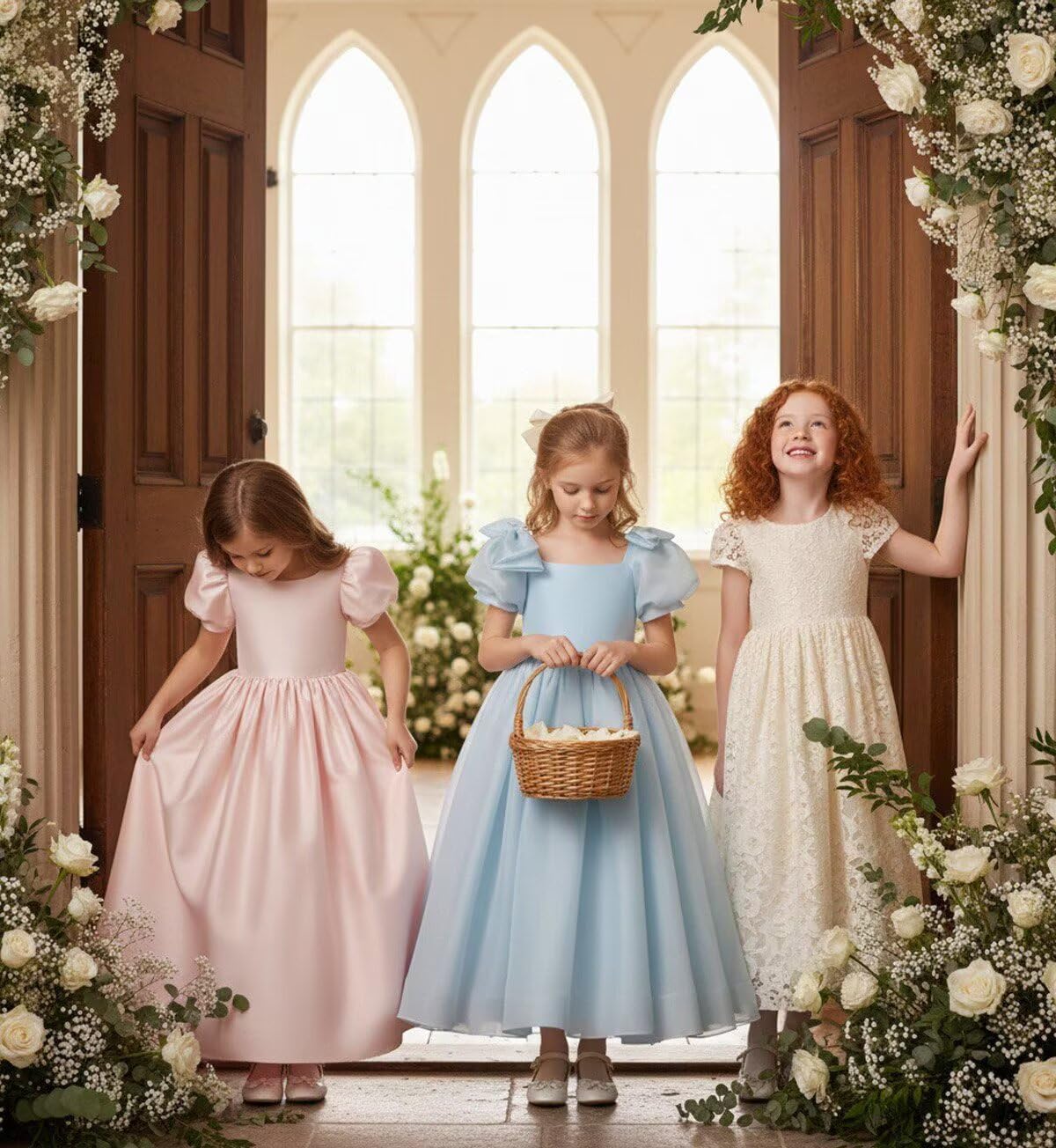 Satin Flower Girl Dresses Puff Sleeve Square Neck Long Birthday Party with Bow