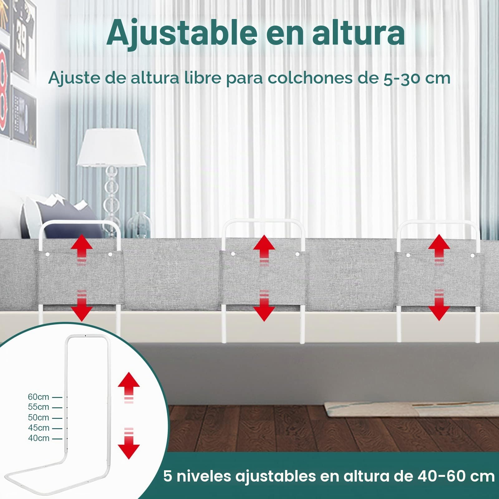 UISEBRT Barrera de Seguridad 200 cm, Barrera de Cama para bebé, protección contra caídas, Altura Ajustable, Barandilla Protectora de Cama deformables para niños y bebés, Gris