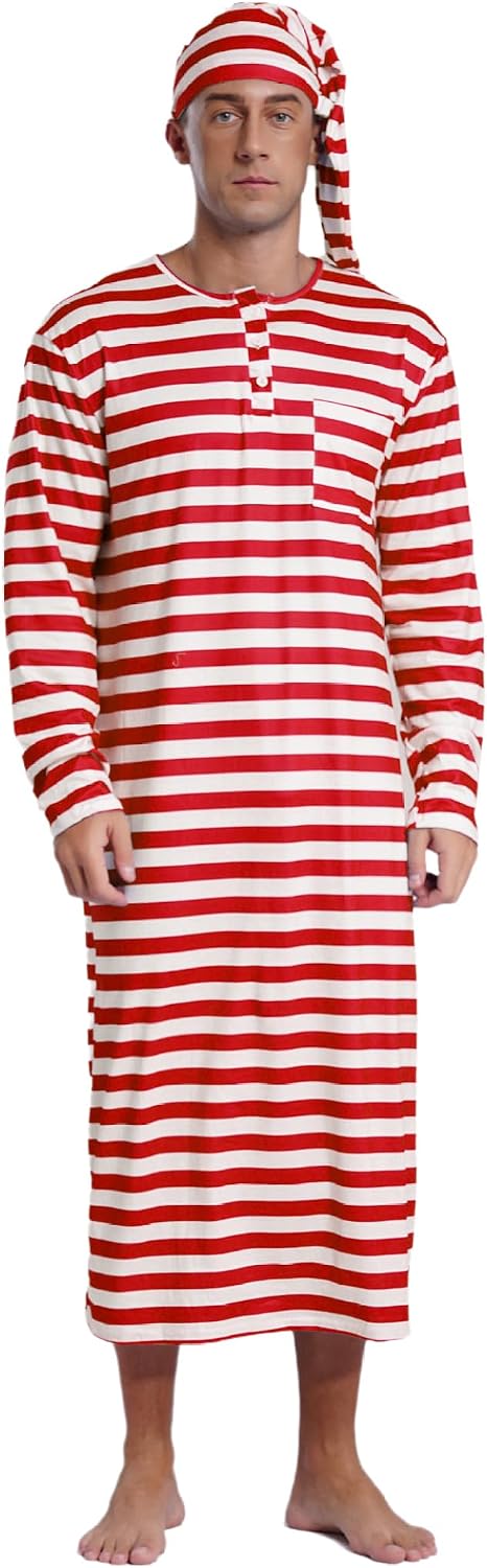 Mens Striped Nightgown Dubai Pajama Sleeping Robe Cosplay with Hat Saudi Sleepwear Nightshirt