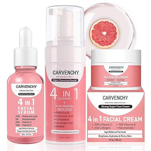 Rosarden Set de cuidado de la piel con vitamina C, juego de regalo 3 en 1 con mousse limpiador facial, suero facial y crema facial, kit de cuidado