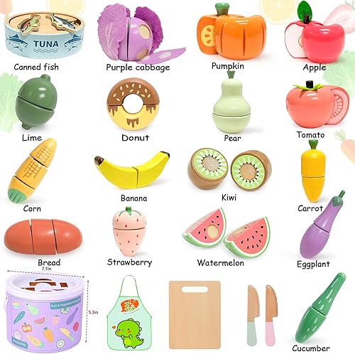 Miniatura 5 de WHOHOLL Juego de alimentos para jugar, accesorios de cocina, juguetes de madera, cortar alimentos, frutas y verduras Montessori, regalos de