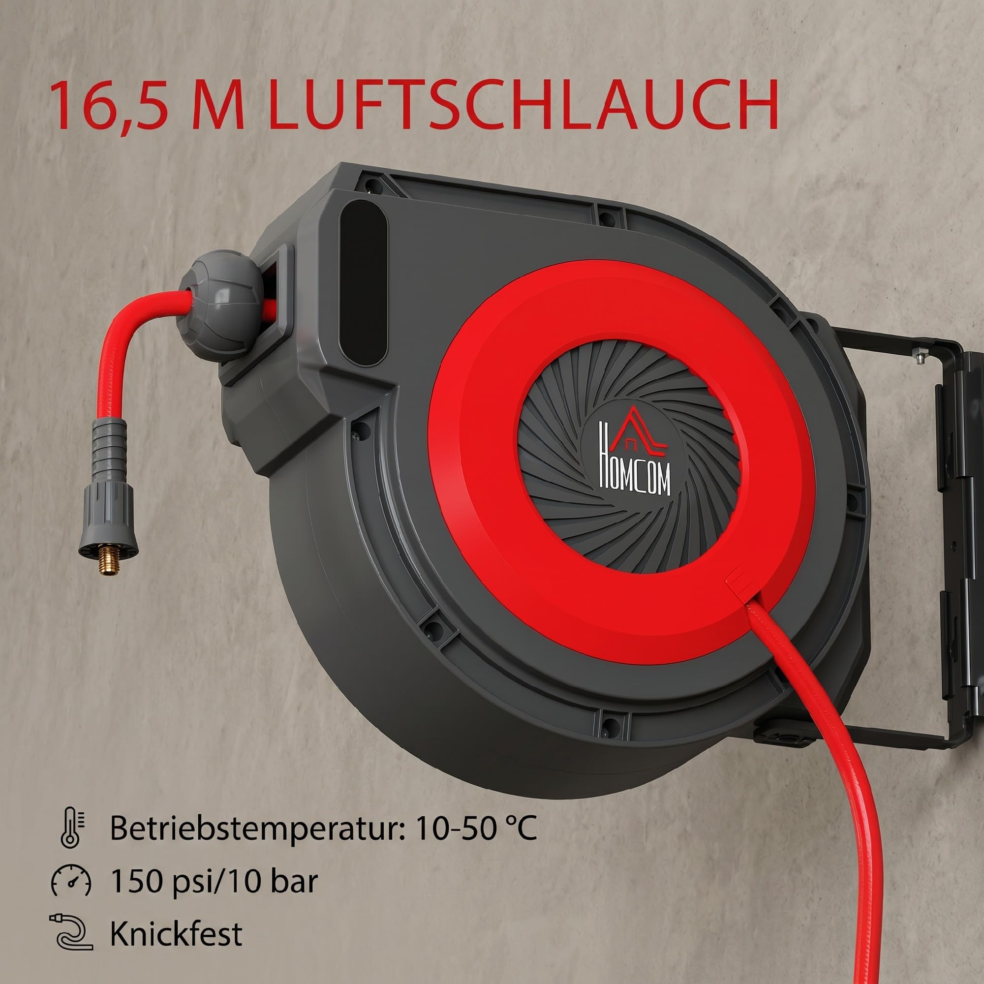 HOMCOM Avvolgicavo aria automatico 15m+1,5m | Attacco rapido 1/4", 9,5x15,8mm, max 10 bar, rotazione 180°, avvolgicavo con staffa a muro.