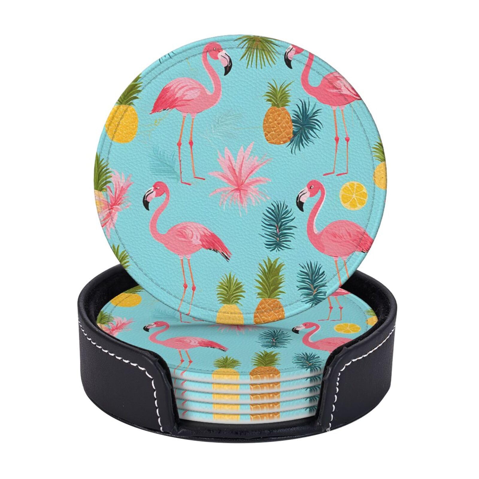 Coasters Set of 6 Microfiber PU leather Coasters with Holders for Drinks Coffee Bar Accessories, House Apartment Coffee Table Decor, Housewarming Gifts - pink flamingo pines