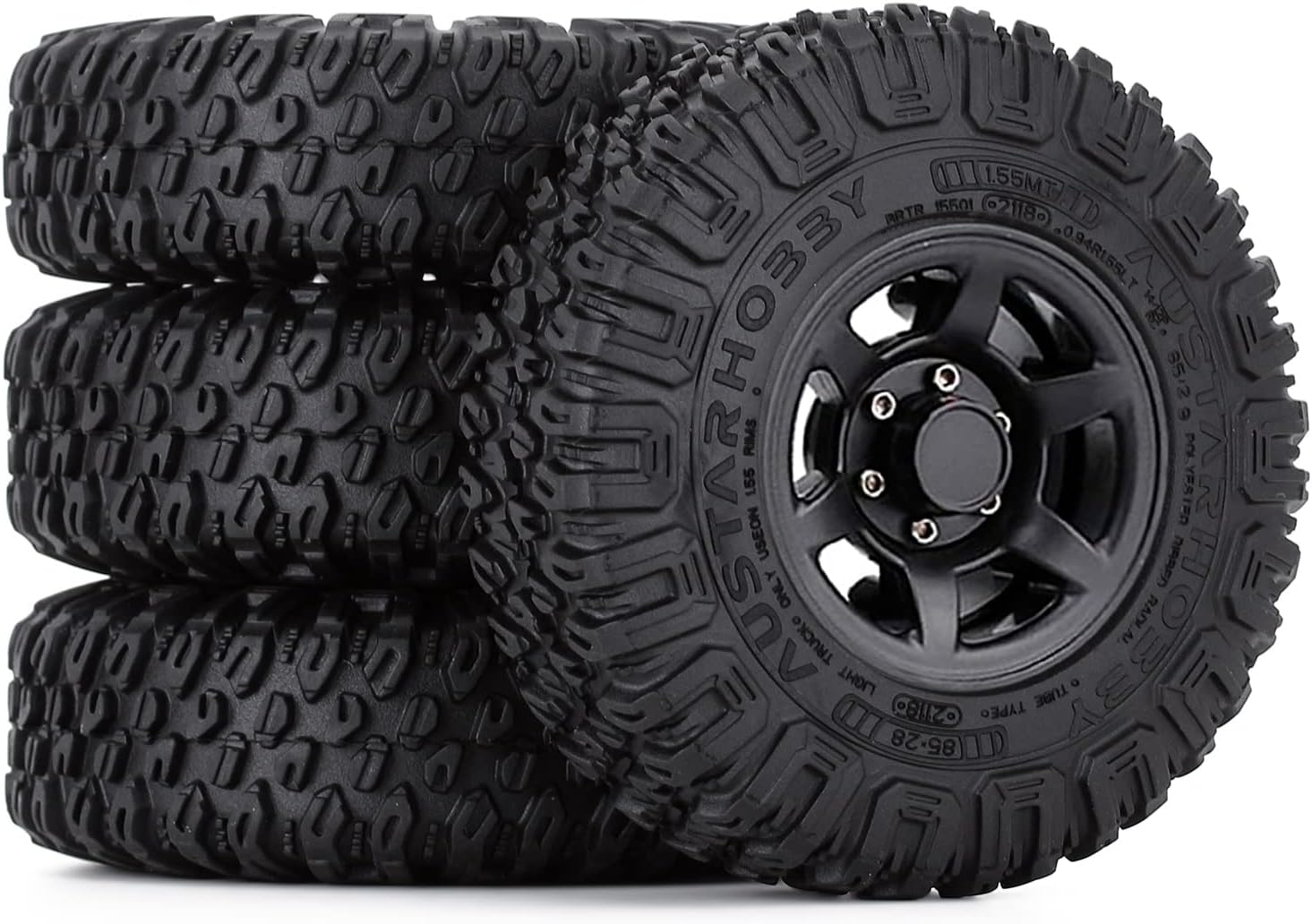 4PCS 1.55inch Tyres Beadlock Plastic Wheel Rims Hub Rubber Tires Set Compatible with 1:10 RC Crawler Axial AX90069 D90 TF2 Tamiya CC01 LC70 MST JIMNY (Black)