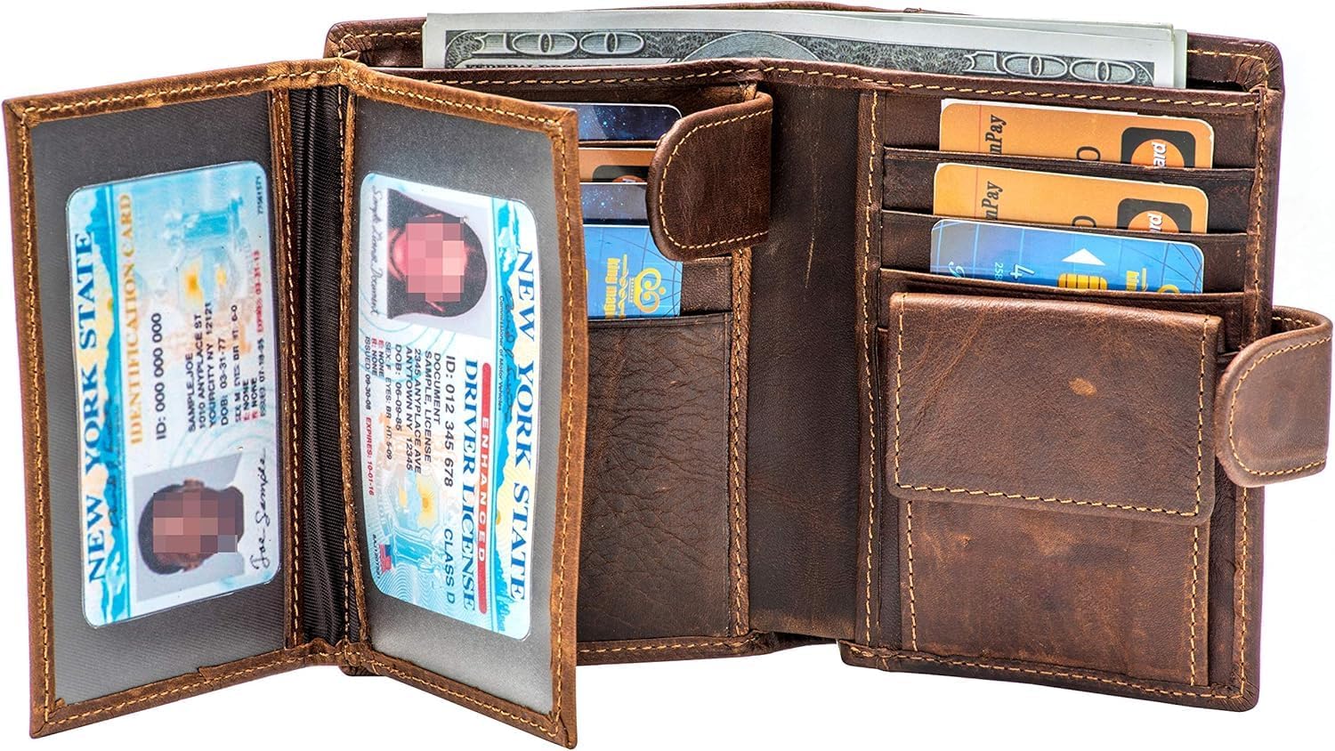 Mens Large RFID Blocking Genuine Leather Wallet Trifold Card Holder with Snap Closure and 3 ID Windows (Coffee) - Image 3