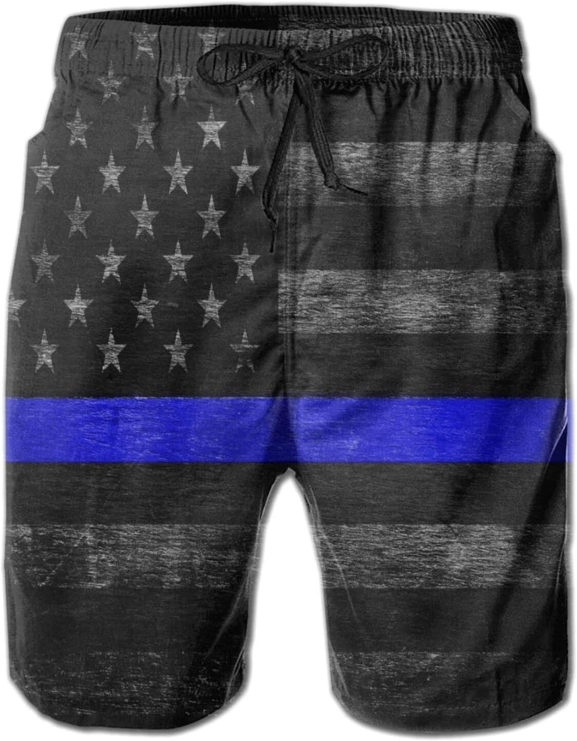 Mens New American Police Blue Line Flag Swim Trunks Printed Beach Shorts Quick Dry Boardshorts with Mesh Lining