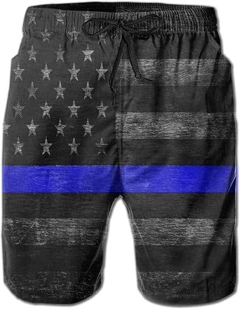 Mens New American Police Blue Line Flag Swim Trunks Printed Beach Shorts Quick Dry Boardshorts with Mesh Lining