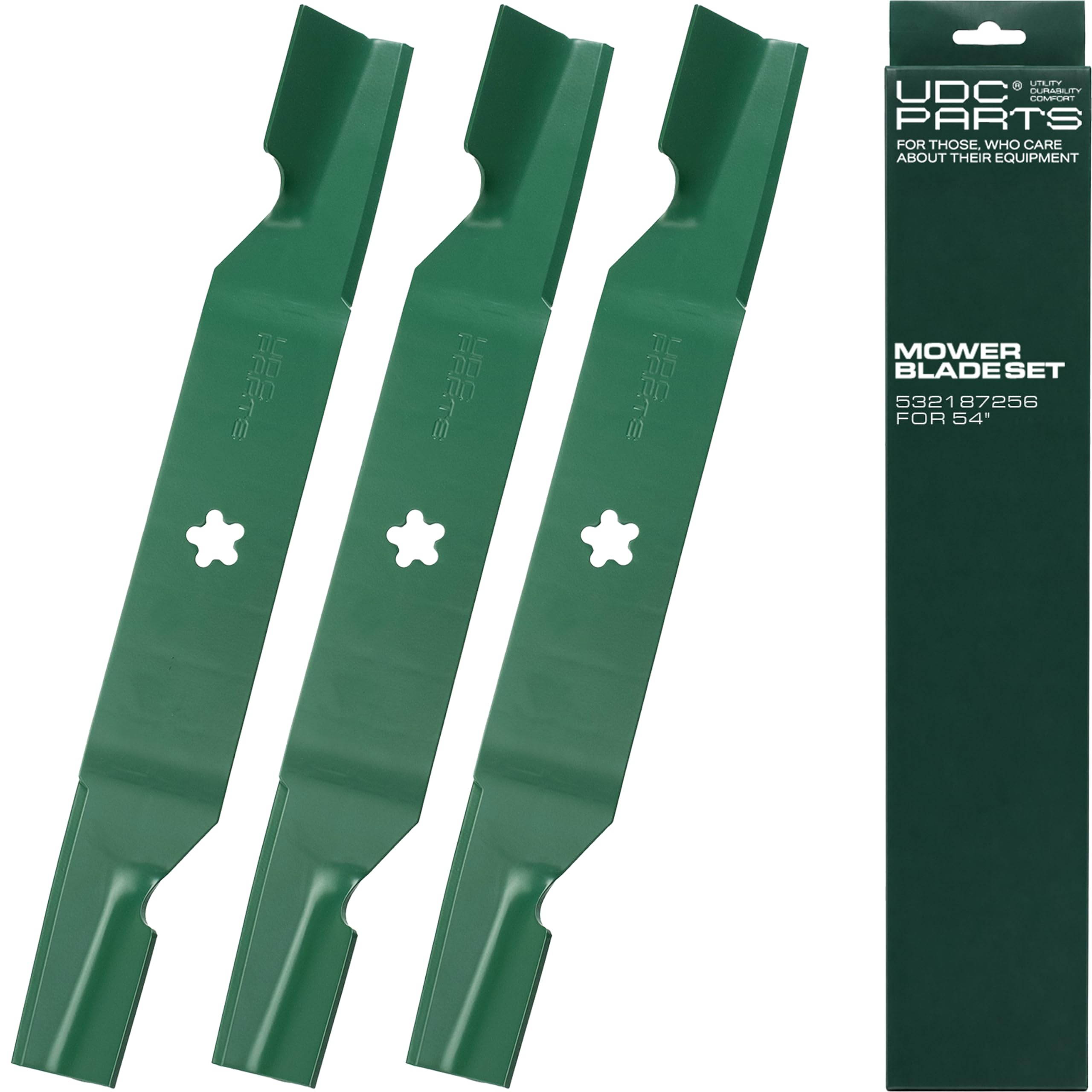 UDC Parts 532187256 - Cuchillas de cortacésped de repuesto para Z254 Husqvarna 137.2 cm RZ5426 YTH26V54 LGT2654 MZ54S RZ5424 YTH2454 187256 532 18 72-56 Craftsman Poulsman Paquete de 3 Elevación alta